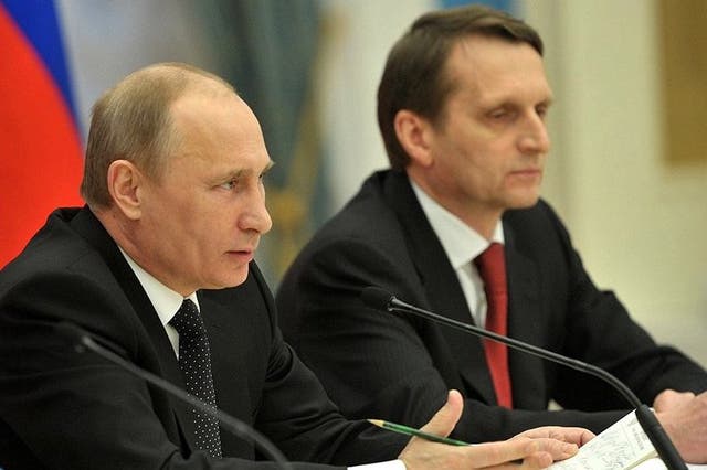 <p>Russian President Vladimir Putin and spy chief Sergey Naryshkin</p>