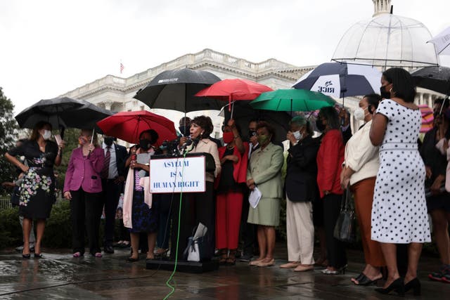 <p>Rep Maxine Waters speaks during a news conference on the treatment of Haitian immigrants at the US border in Texas</p>