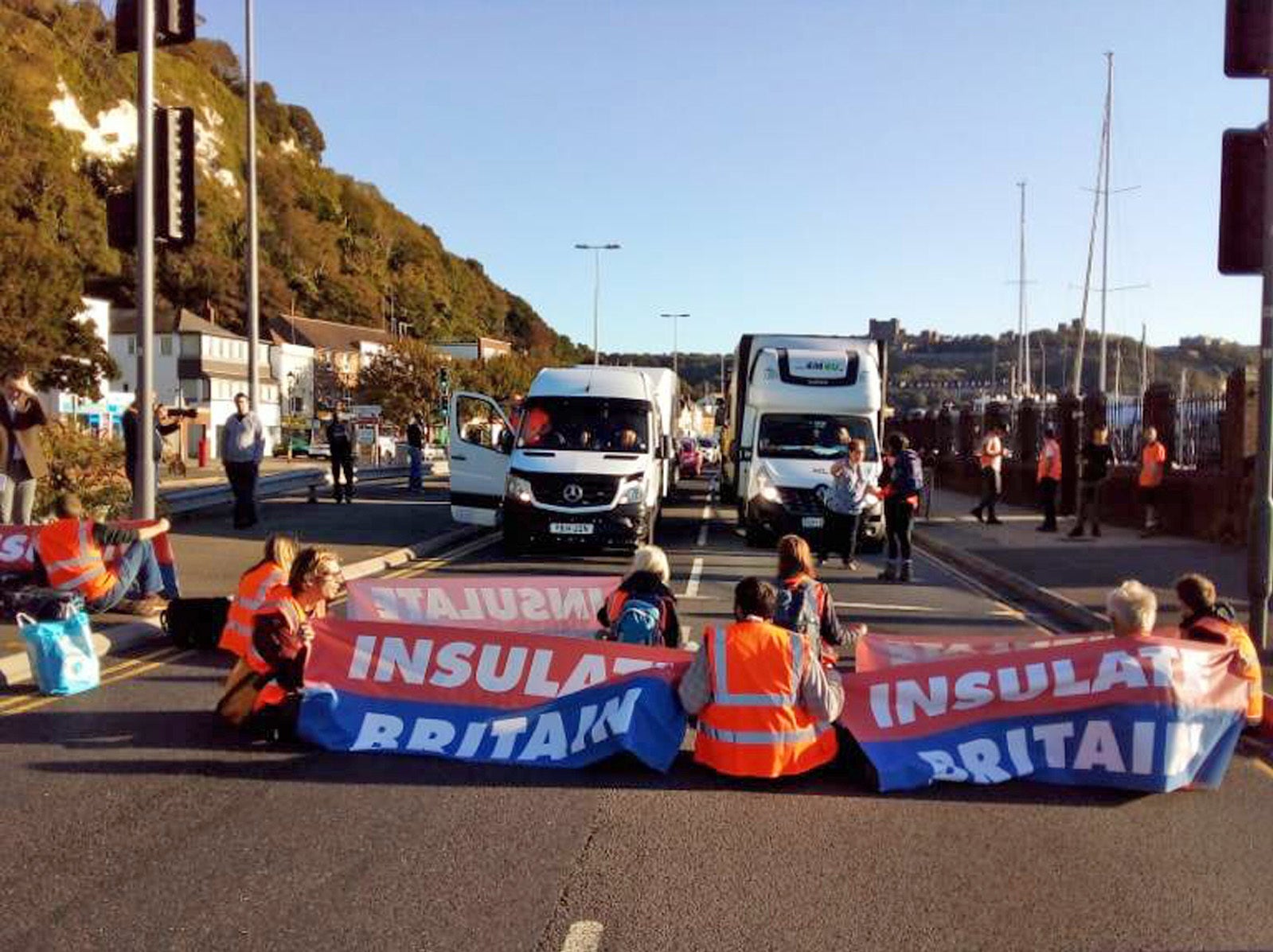 Insulate Britain protesters block the A20 which provides access to the Port of Dover in Kent
