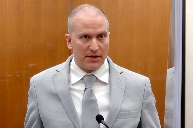 <p>Derek Chauvin addresses the Hennepin County court at his sentencing hearing in June</p>