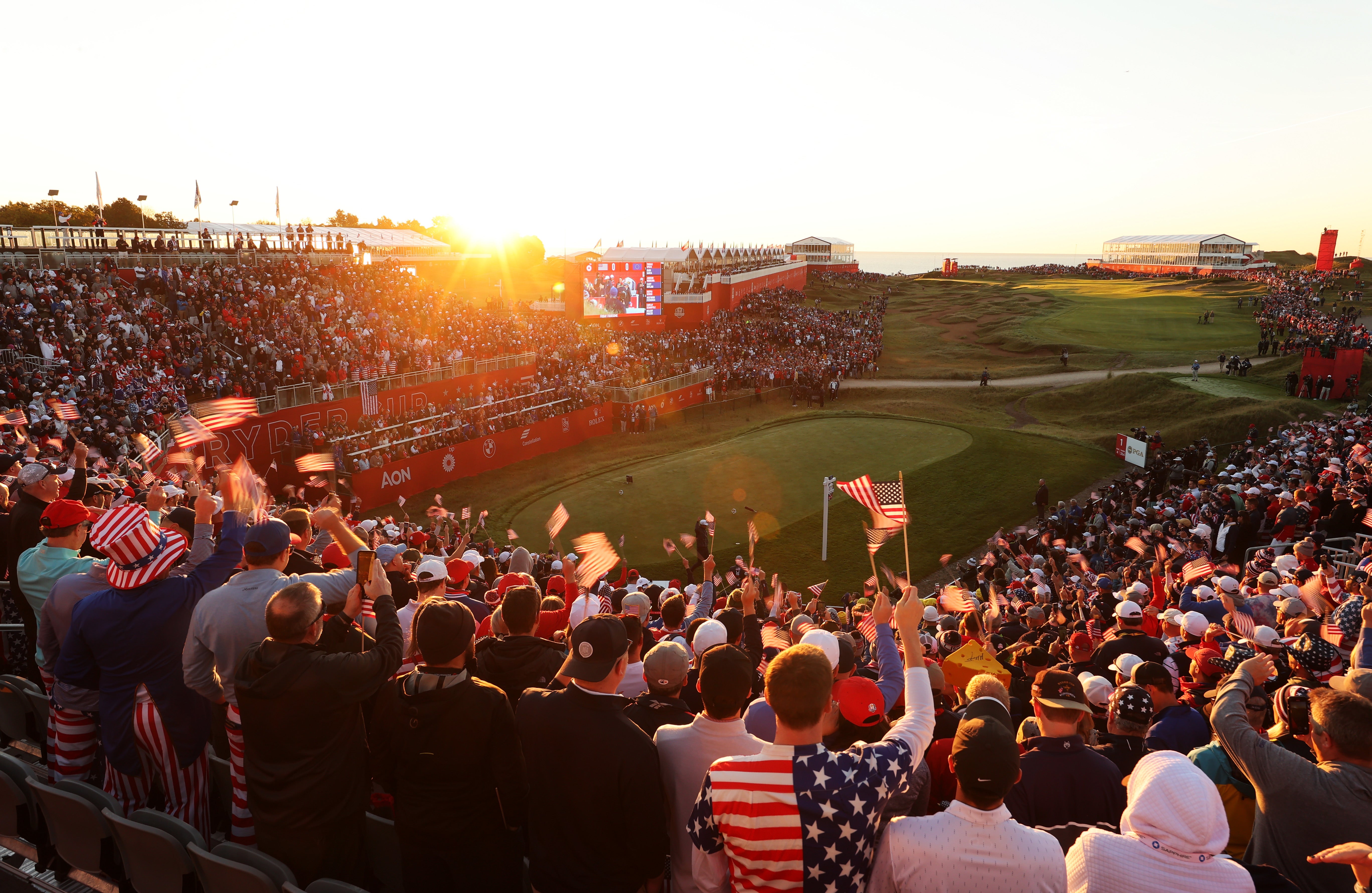 Fans gather in the first tee grandstands prior to the start of Friday Morning Foursome Matches of the 43rd Ryder Cup at Whistling Straits
