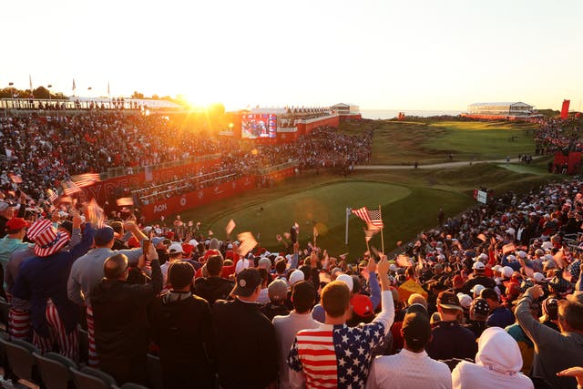 <p>Fans gather in the first tee grandstands prior to the start of Friday Morning Foursome Matches of the 43rd Ryder Cup at Whistling Straits</p>