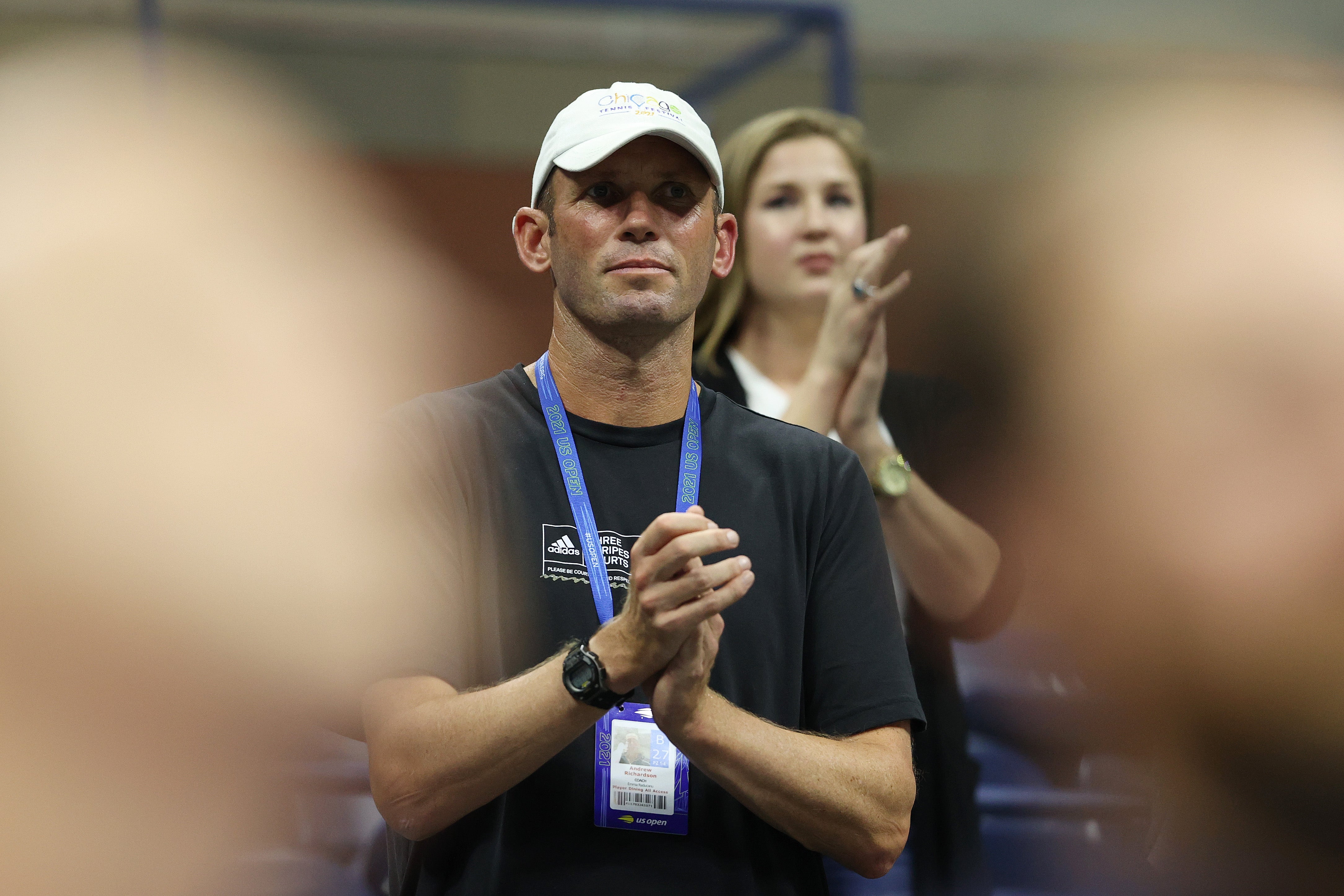 Andrew Richardson, coach of Emma Raducanu of Great Britain, cheers at the US Open