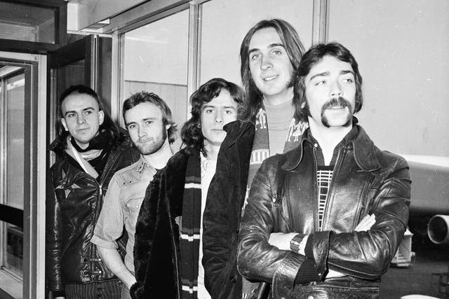 <p>Genesis pose for a snap at London Airport in 1974</p>