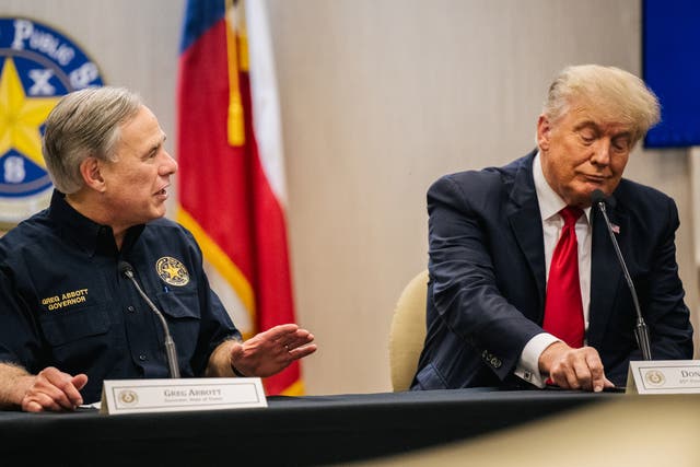 <p>Texas Gov. Greg Abbott addresses former President Donald Trump during a border security briefing to discuss further plans in securing the southern border wall on June 30, 2021 in Weslaco, Texas</p>