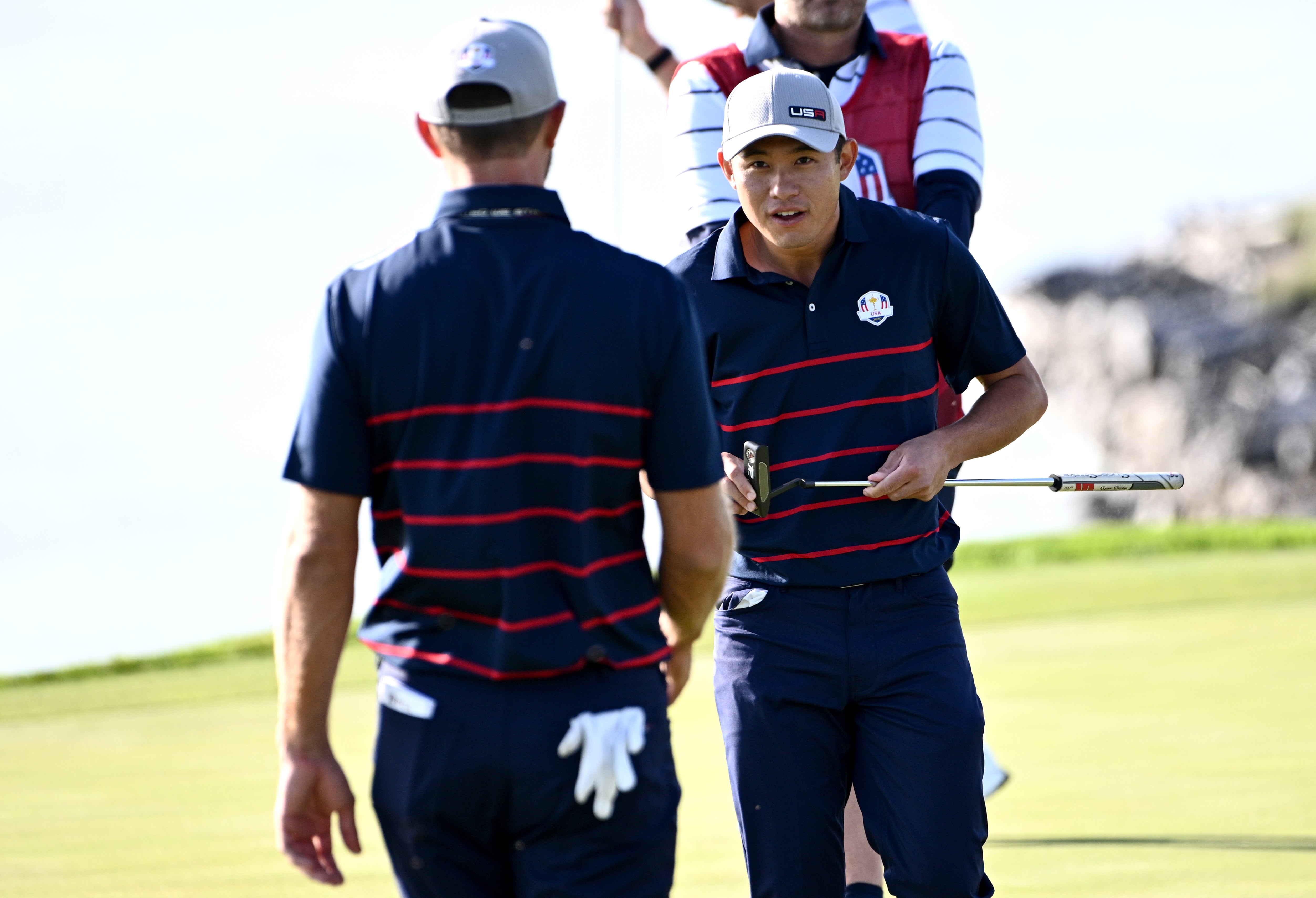 Team USA’s Collin Morikawa (right) was a winner in the opening session of the 143rd Ryder Cup (Anthony Behar/PA)