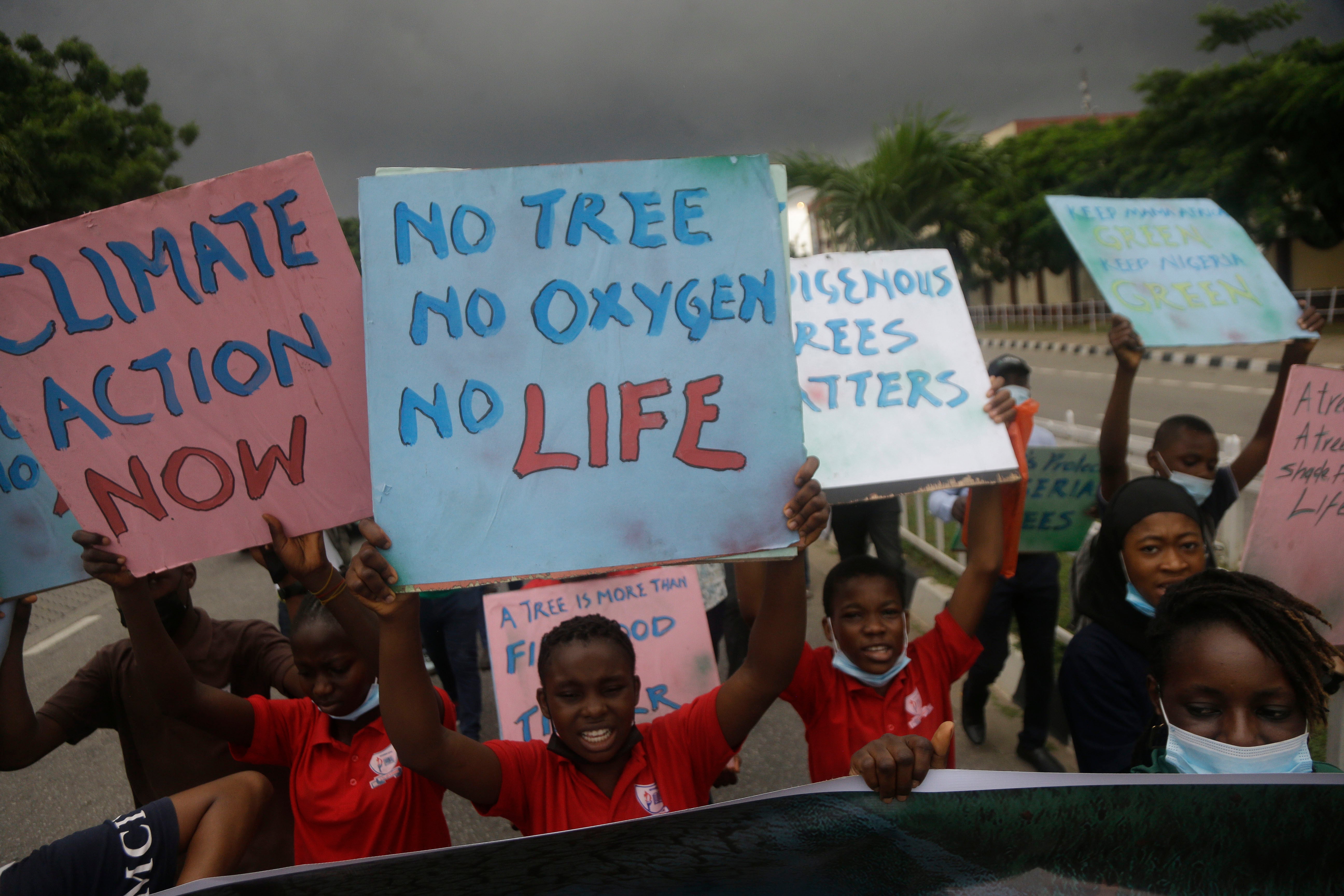 Activists march on the streets of Lagos, Nigeria, on 24 September 2021, demanding action on climate change