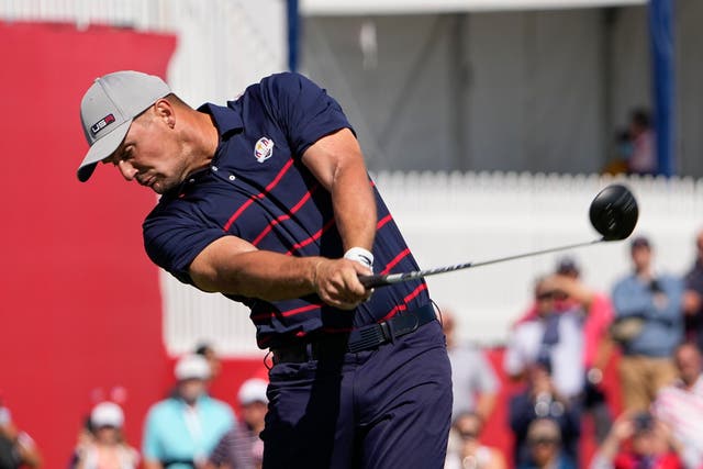 Bryson DeChambeau hits a drive on the second hole during a fourball match in the 43rd Ryder Cup (Jeff Roberson/AP)