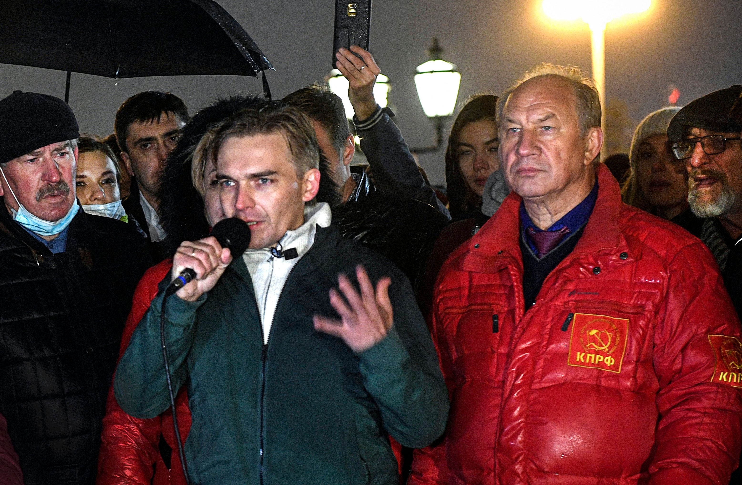 Communist candidate Mikhail Lobanov speaks at Sunday night’s protest in Moscow.