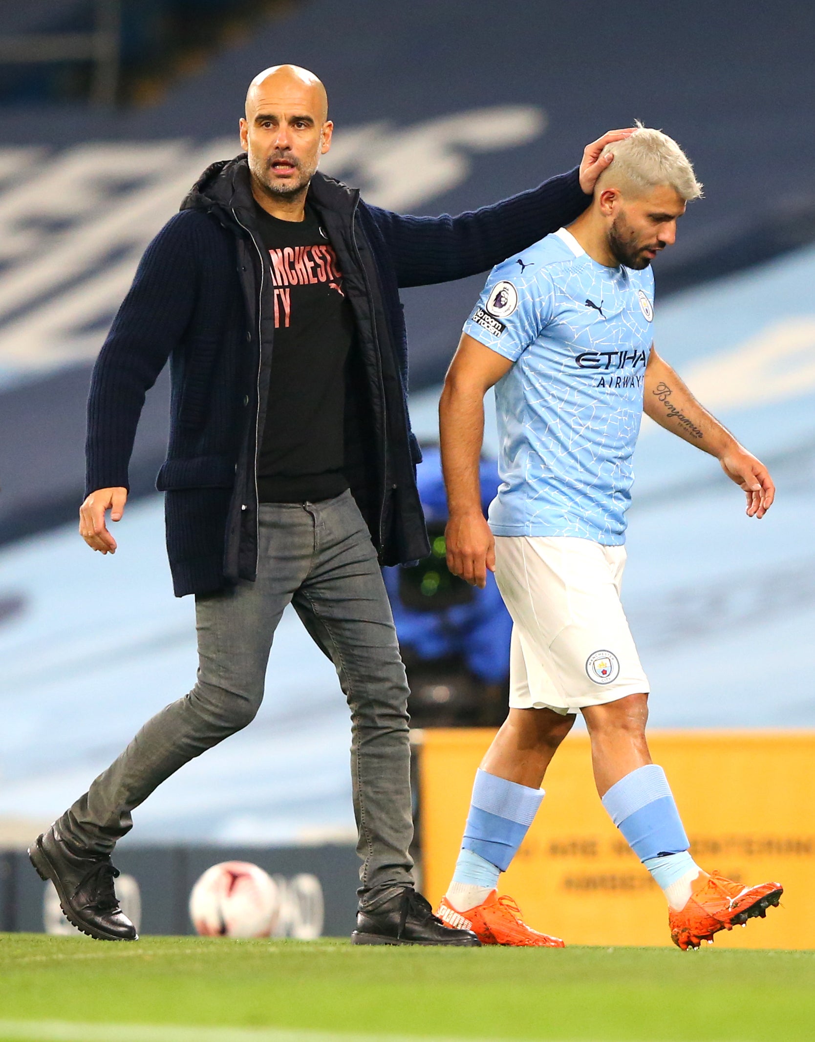Pep Guardiola, left, acknowledged City are missing something after failing to replace Sergio Aguero this summer (Alex Livesey/PA)