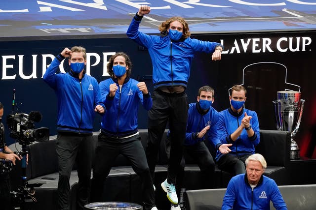 Stefanos Tsitsipas leads the cheers as Casper Ruud gives Team Europe an early lead at the Laver Cup (Elise Amendola/AP)