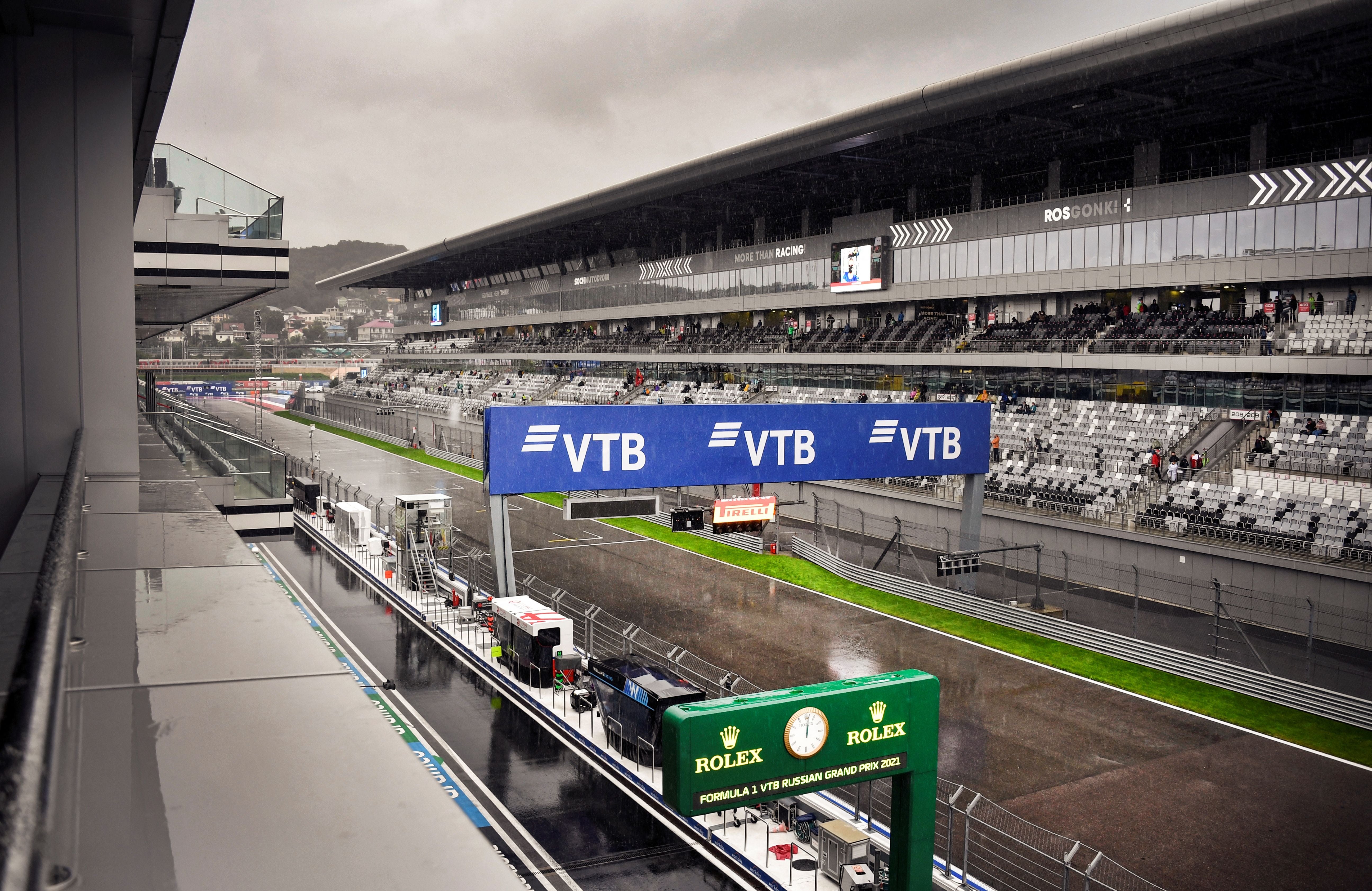Rain falls at the track of the Formula One Russian Grand Prix at the Sochi Autodrom circuit