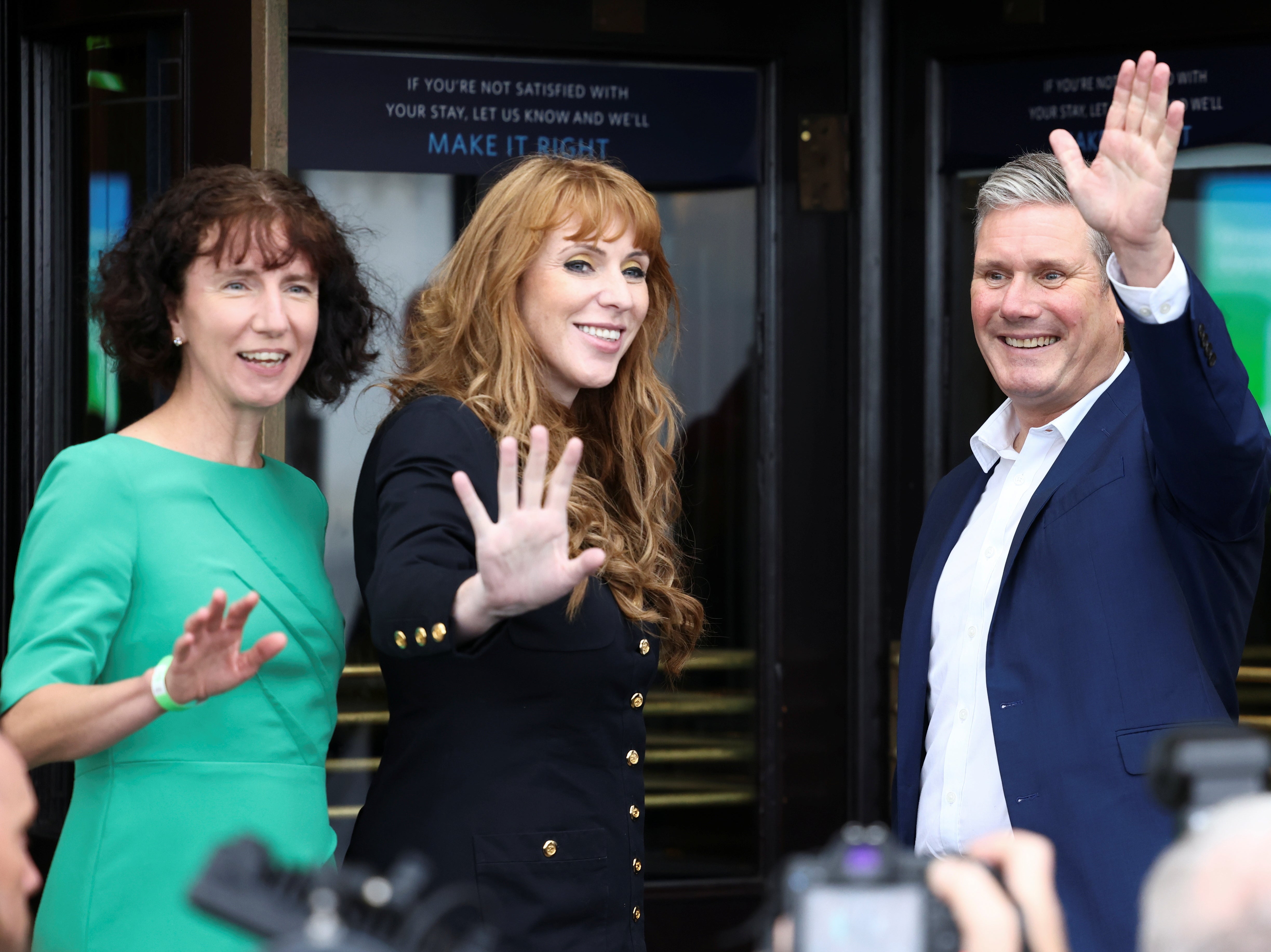 Sir Keir Starmer arrives at the Labour conference in Brighton with Anneliese Dodds, left, and Angela Rayner