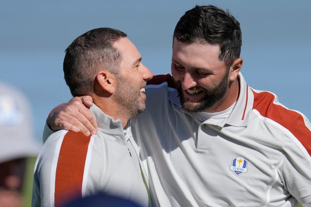 Sergio Garcia (left) and Jon Rahm celebrate after winning their foursomes match on day two of the Ryder Cup (Ashley Landis/AP)