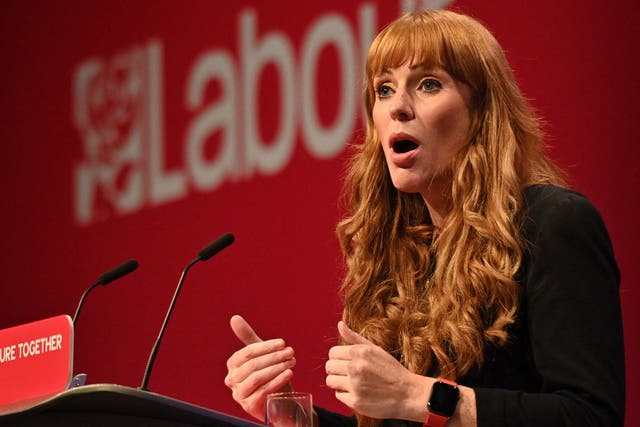 <p>Angela Rayner speaking at Labour conference – before she called the Tories ‘scum’ </p>