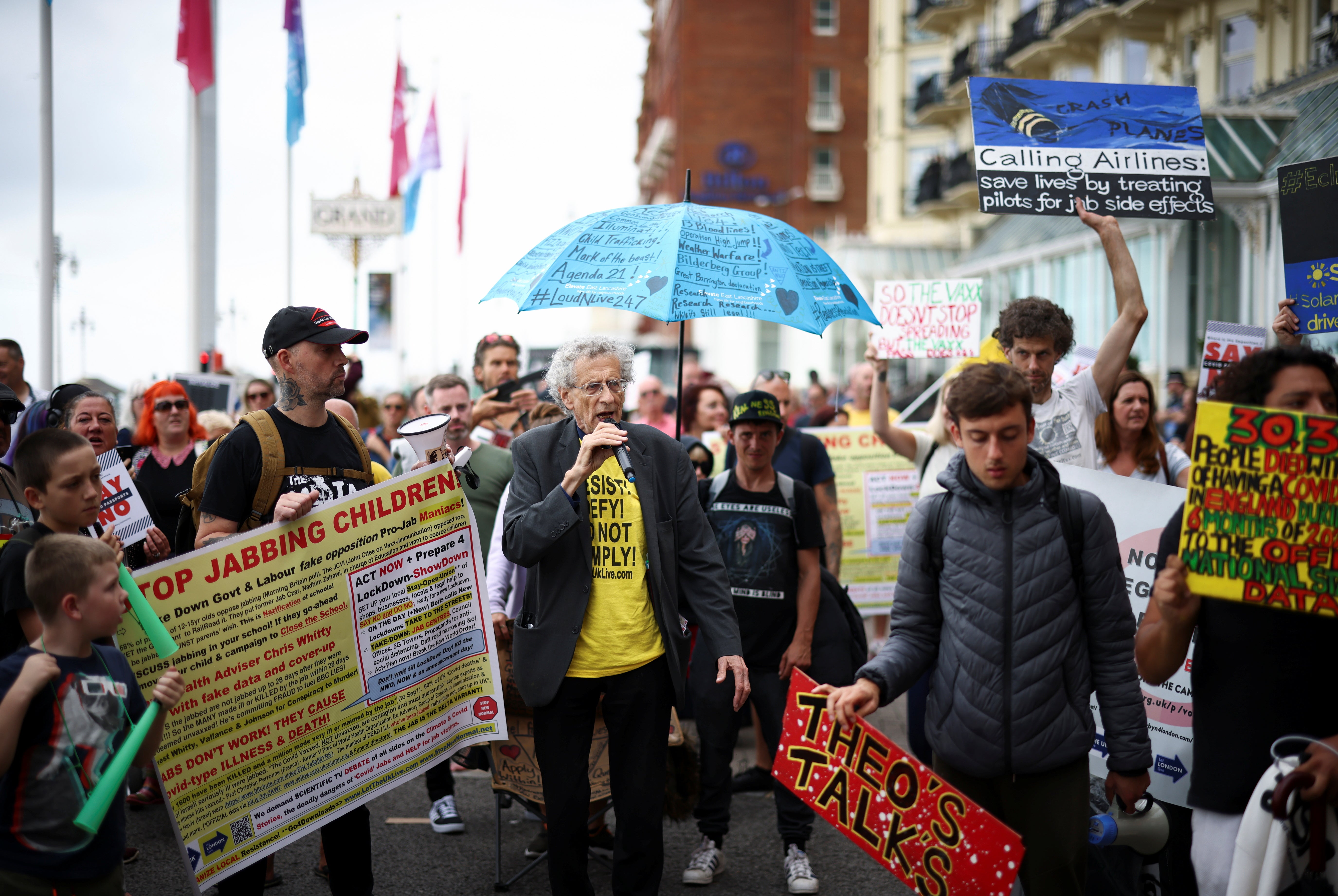 <p>Piers Corbyn leads an anti-vaccine protest outside Britain’s Labour Party conference in Brighton</p>