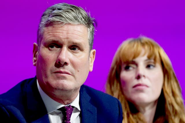 <p>Keir Starmer with Angela Rayner during Labour conference on Sunday</p>