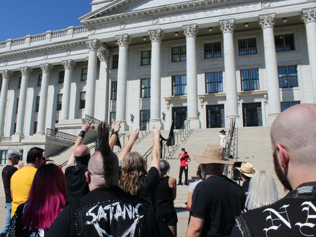 <p>Supporters of a religious reproductive rights rally organized by the Satanic Temple join in a “Hail Satan!” chant outside the Utah Capitol on Saturday, Sept. 25</p>