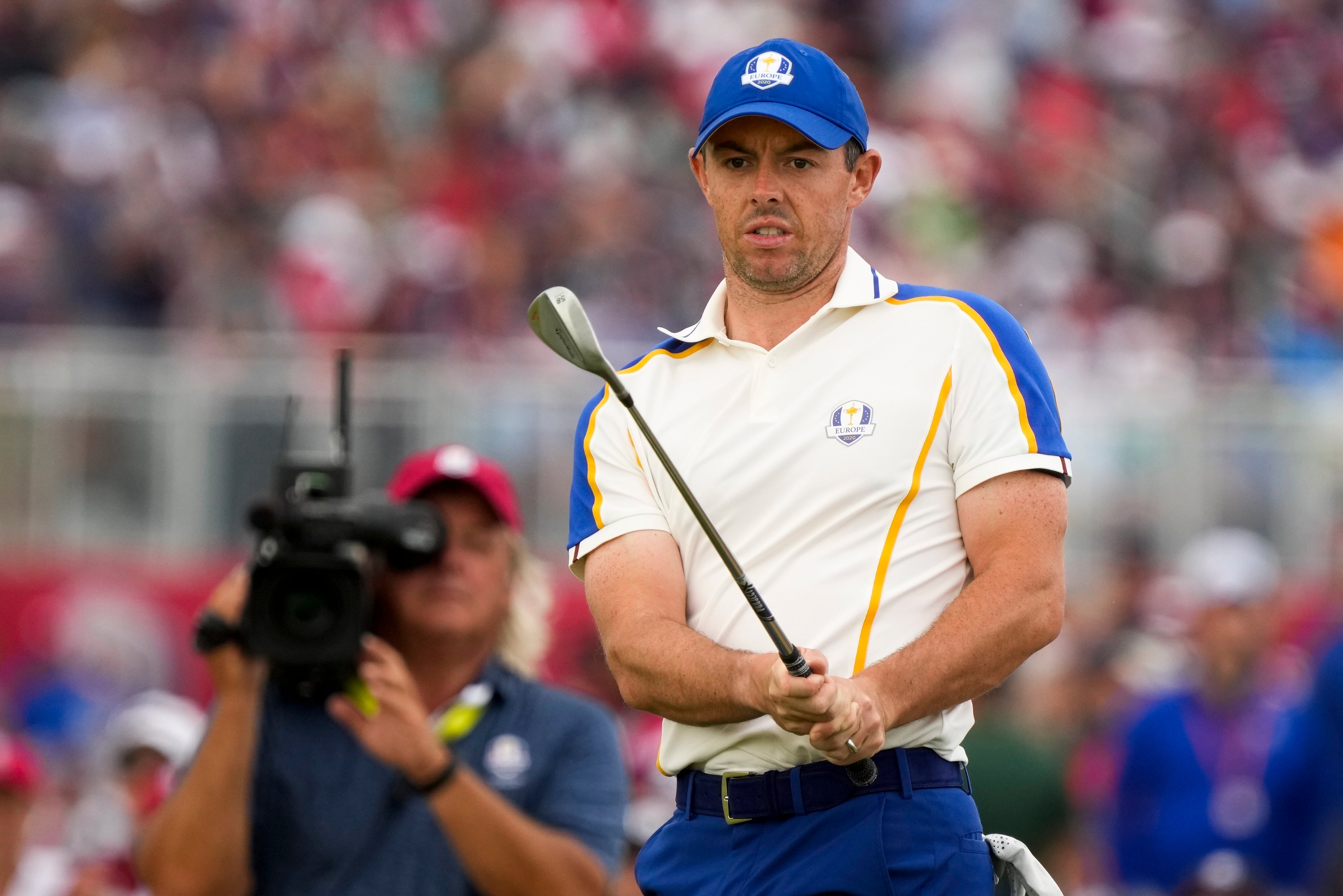 Rory McIlroy watches his shot on the 15th hole during his Ryder Cup singles at Whistling Straits (Charlie Neibergall/AP)