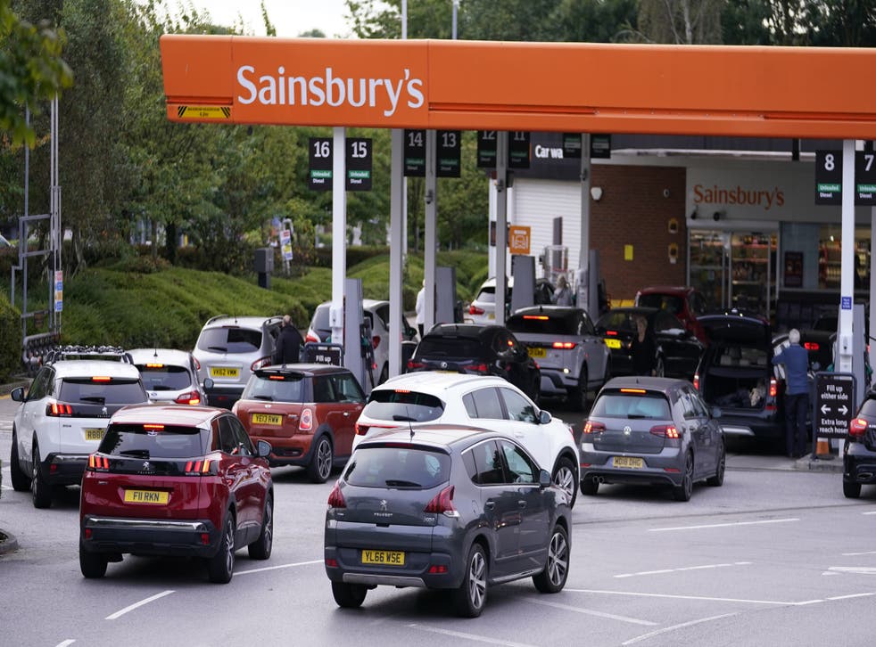 Queues built up at a Sainsbury’s Petrol Station in Colton, Leeds (PA)