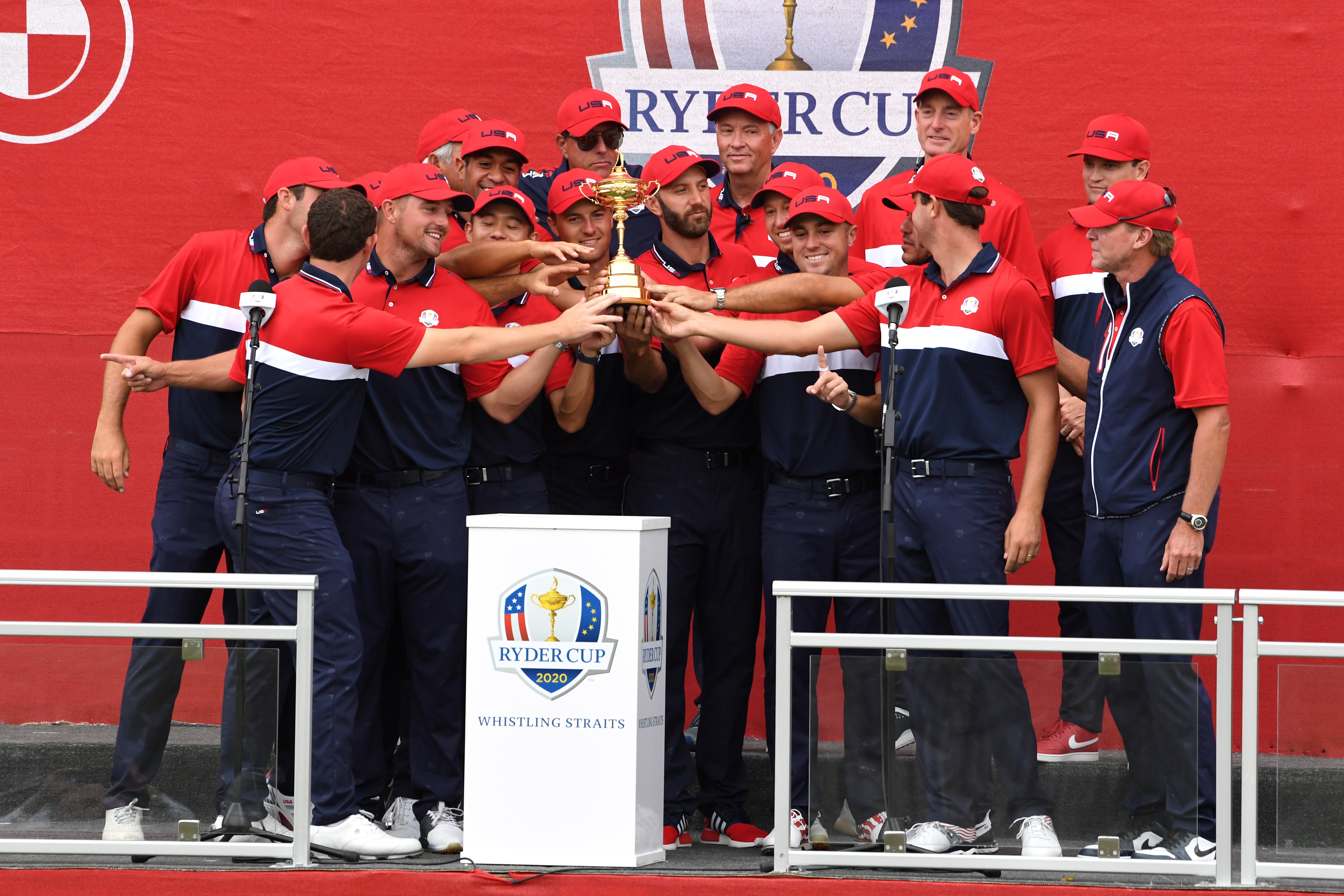 Team USA celebrate with the Ryder Cup trophy after their crushing victory over Europe at Whistling Straits (Anthony Behar/PA)