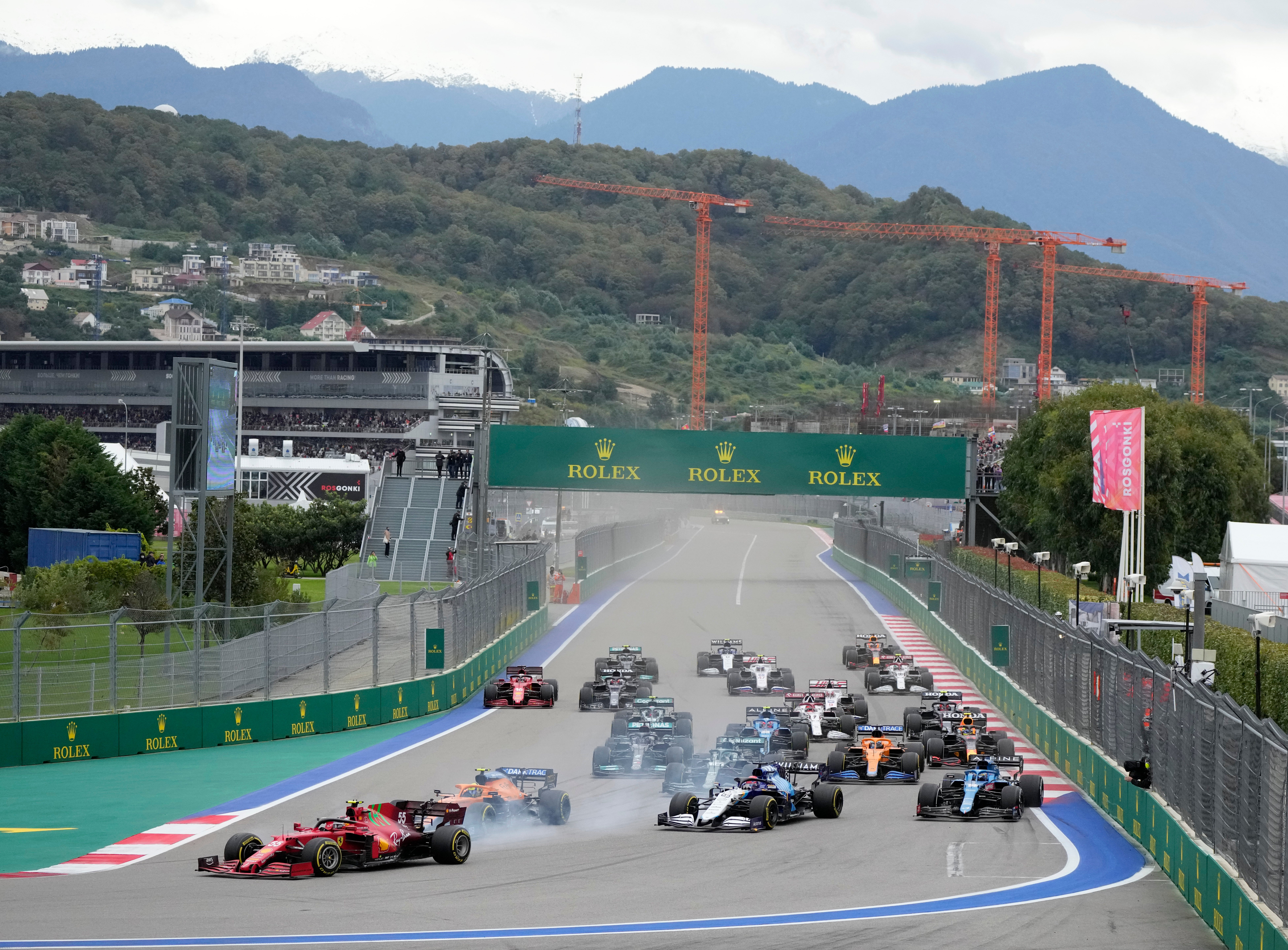 Ferrari’s Carlos Sainz Jr. leads into the first corner at the start of the Russian Formula One Grand Prix in Sochi (Sergei Grits/AP)