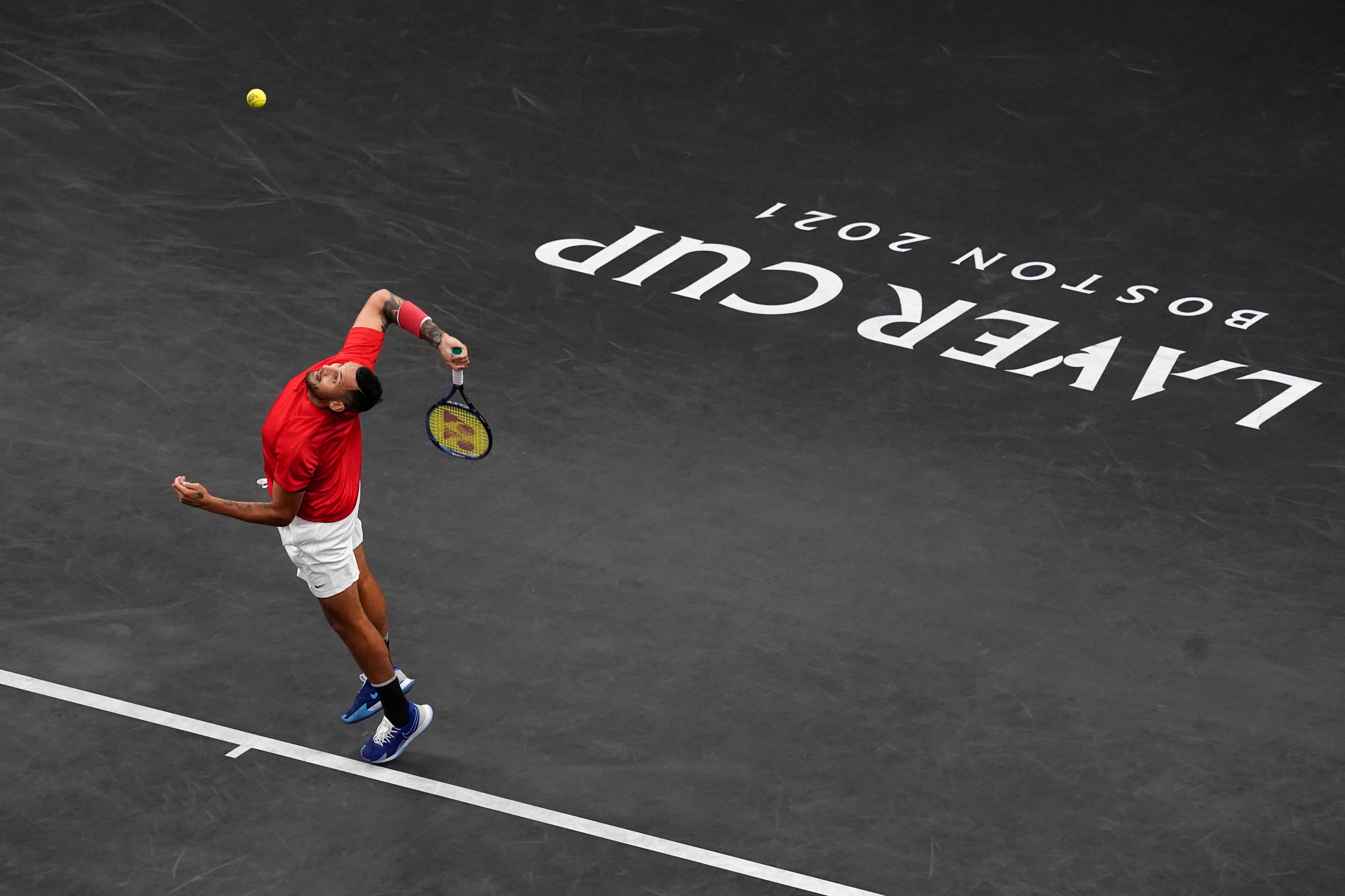Nick Kyrgios hits a serve during the Laver Cup in Boston (Elise Amendola/AP)