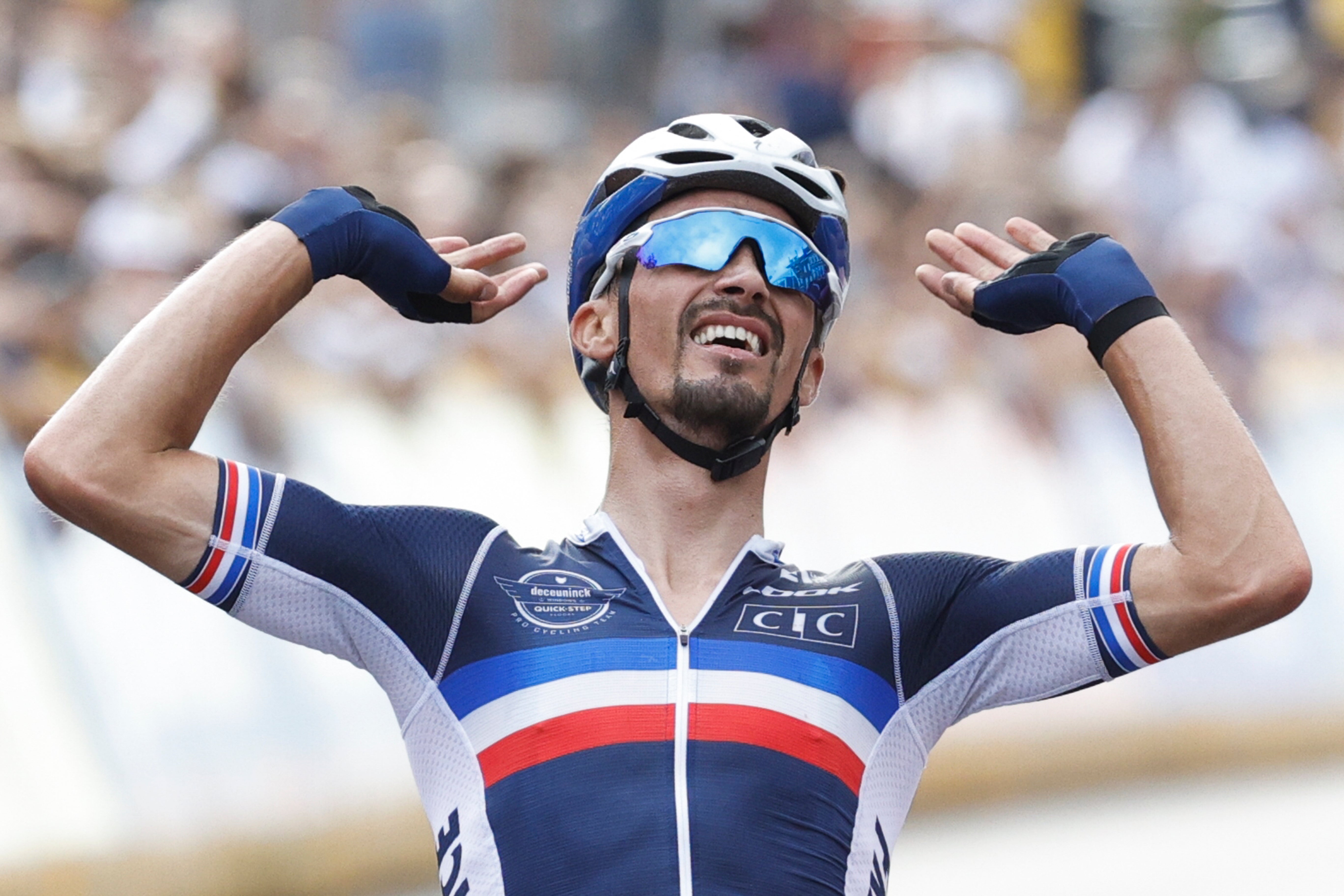 Julian Alaphilippe successfully defended his road race title at the World Road Cycling Championships (Olivier Matthys/AP)