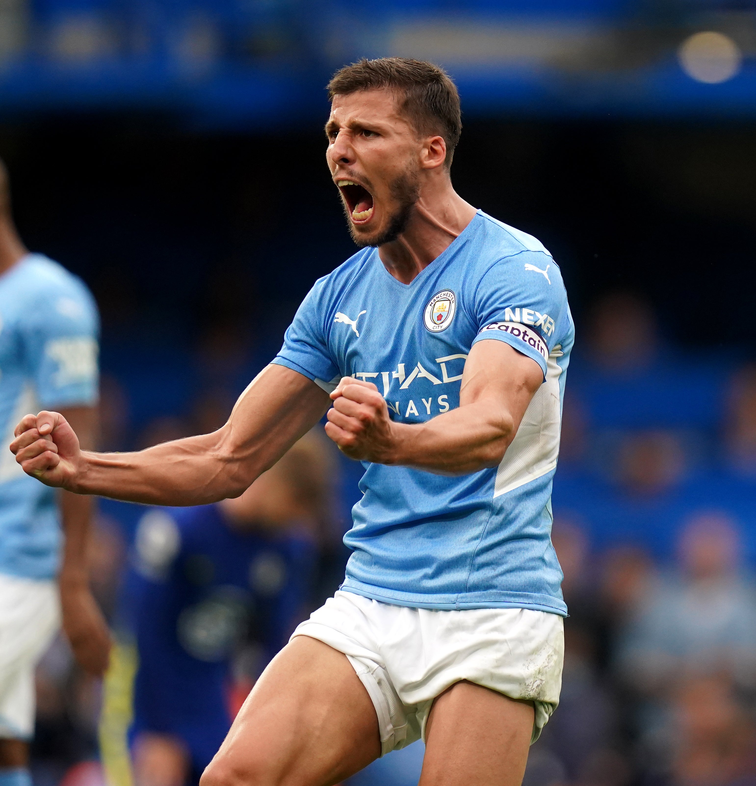 Manchester City’s Ruben Dias shows his delight at the final whistle against Chelsea (Adam Davy/PA)