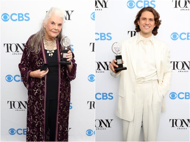 <p>Lois Smith and Aaron Tveit with their awards at the 74th Tony Awards </p>