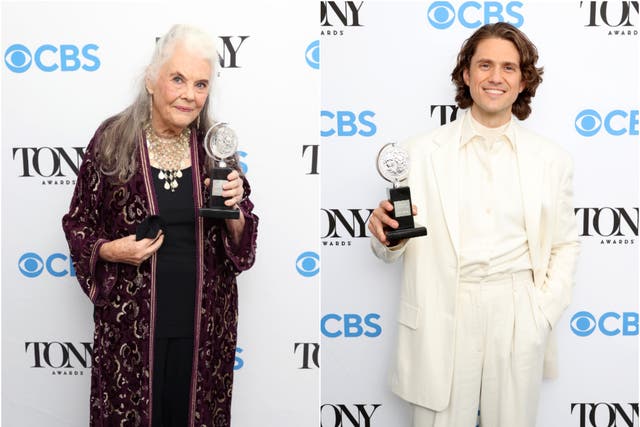 <p>Lois Smith and Aaron Tveit with their awards at the 74th Tony Awards </p>