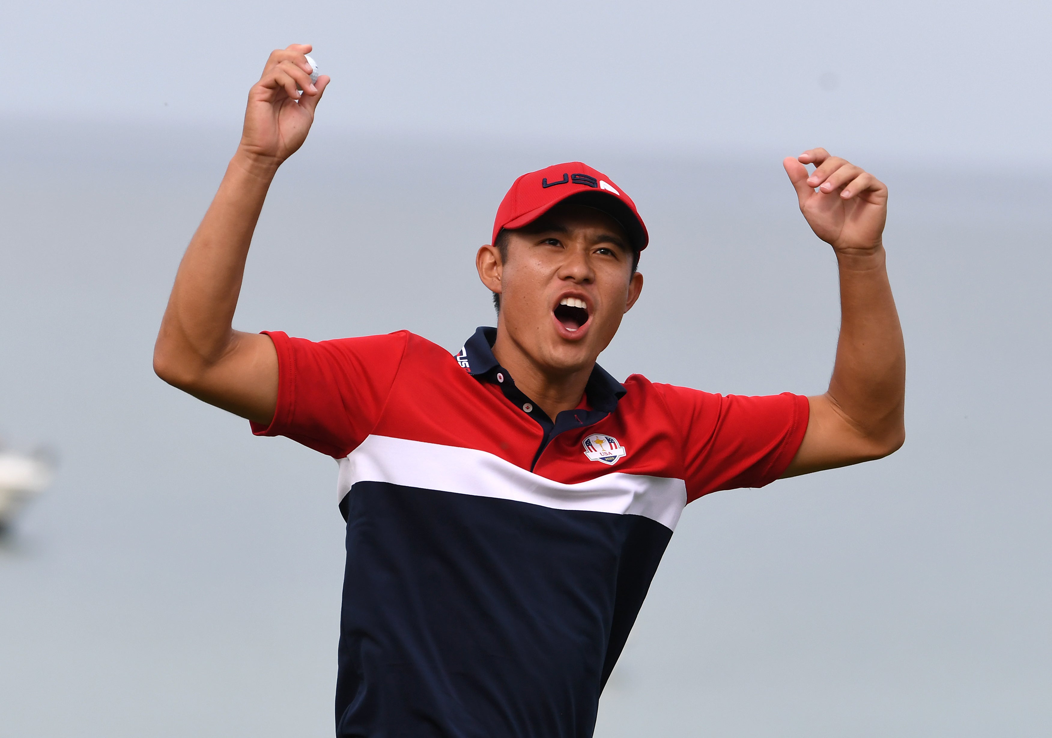 Collin Morikawa celebrates on the 17th green during day three of the 43rd Ryder Cup at Whistling Straits (Anthony Behar/PA)