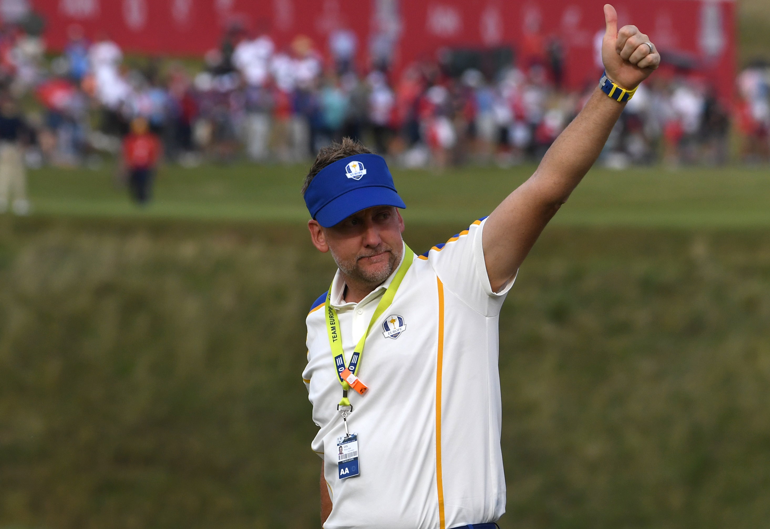 Team Europe’s Ian Poulter acknowledges the crowd after his victory over Tony Finau (Anthony Behar/PA)