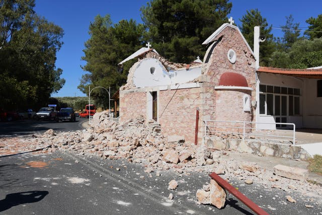 <p>A damaged Greek Orthodox chapel is seen after a strong earthquake in Arcalochori village on the southern island of Crete, Greece, Monday, 27 Sept</p>