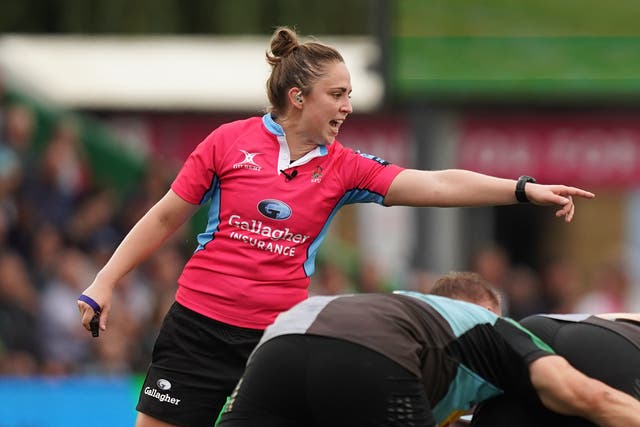 <p>Referee Sara Cox in action during the Gallagher Premiership game between Harlequins and Worcester (Kirsty O’Connor/PA)</p>