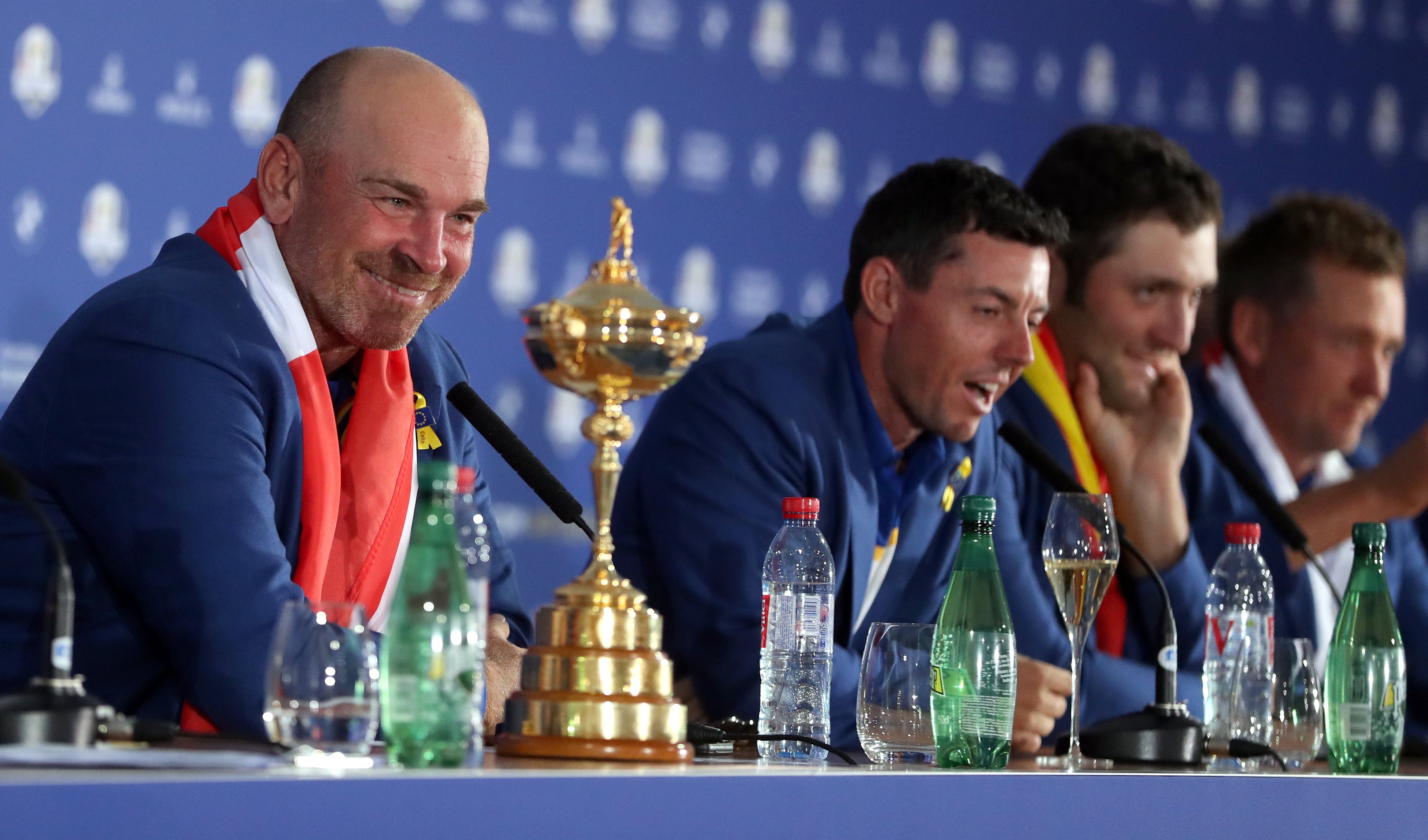 Captain Thomas Bjorn (left) and Rory McIlroy (centre) in a press conference after Europe’s Ryder Cup win in Paris (David Davies/PA)