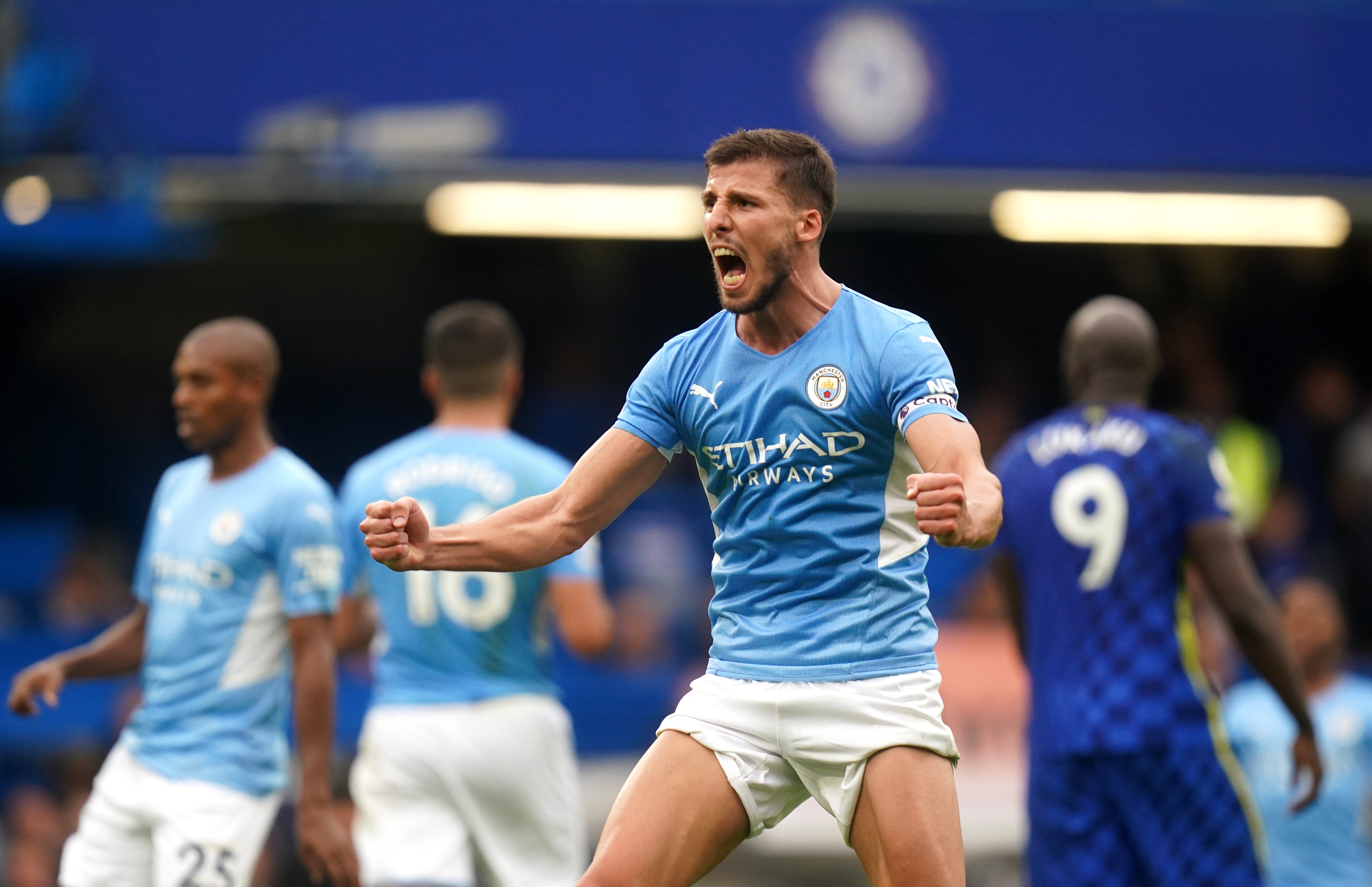 Manchester City defender Ruben Dias celebrated at the final whistle of Saturday’s 1-0 win over Chelsea (Adam Davy/PA)