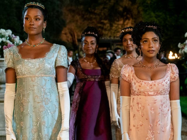 <p>Simone Ashley as Kate Sharma, Adjoa Andoh as Lady Danbury, Shelley Conn as Mary Sharma, and Charithra Chandran as Edwina Sharma in season two of ‘Bridgerton'</p>