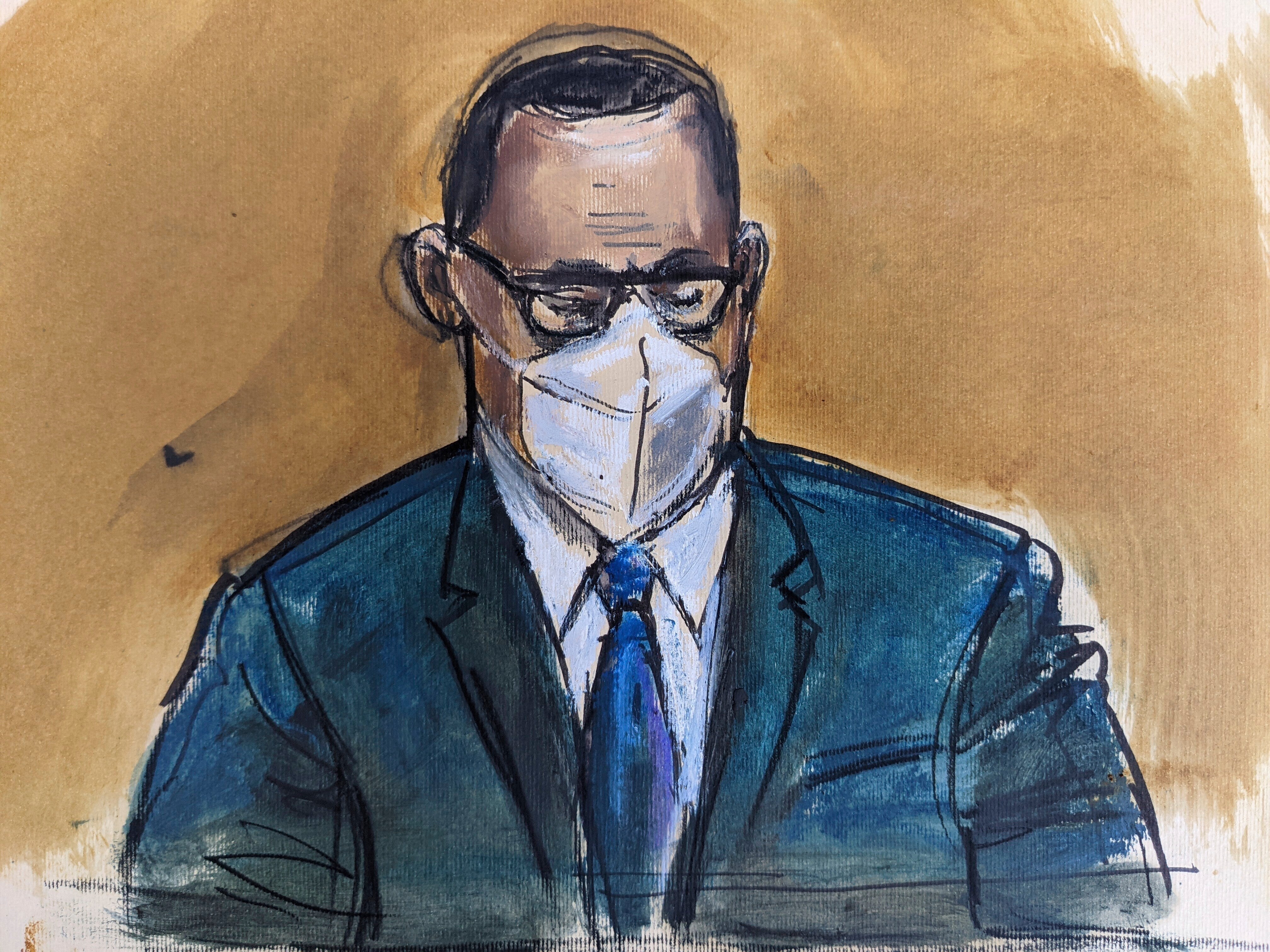 In this courtroom sketch, R. Kelly listens as the jury foreperson reads the verdict, Monday, Sept. 27, 2021, in New York