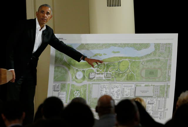 <p>File Image: In this 3 May 2017, file photo, former President Barack Obama points to a rendering for the former president's lakefront presidential center at a community event at the South Shore Cultural Center in Chicago</p>