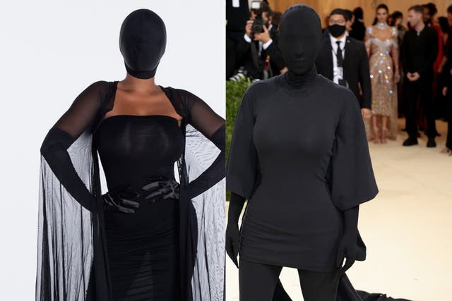<p>El atuendo incluye una capa negra transparente, un mini vestido de satén que abraza la figura, medias y guantes negros, y una cubierta facial negra.</p>