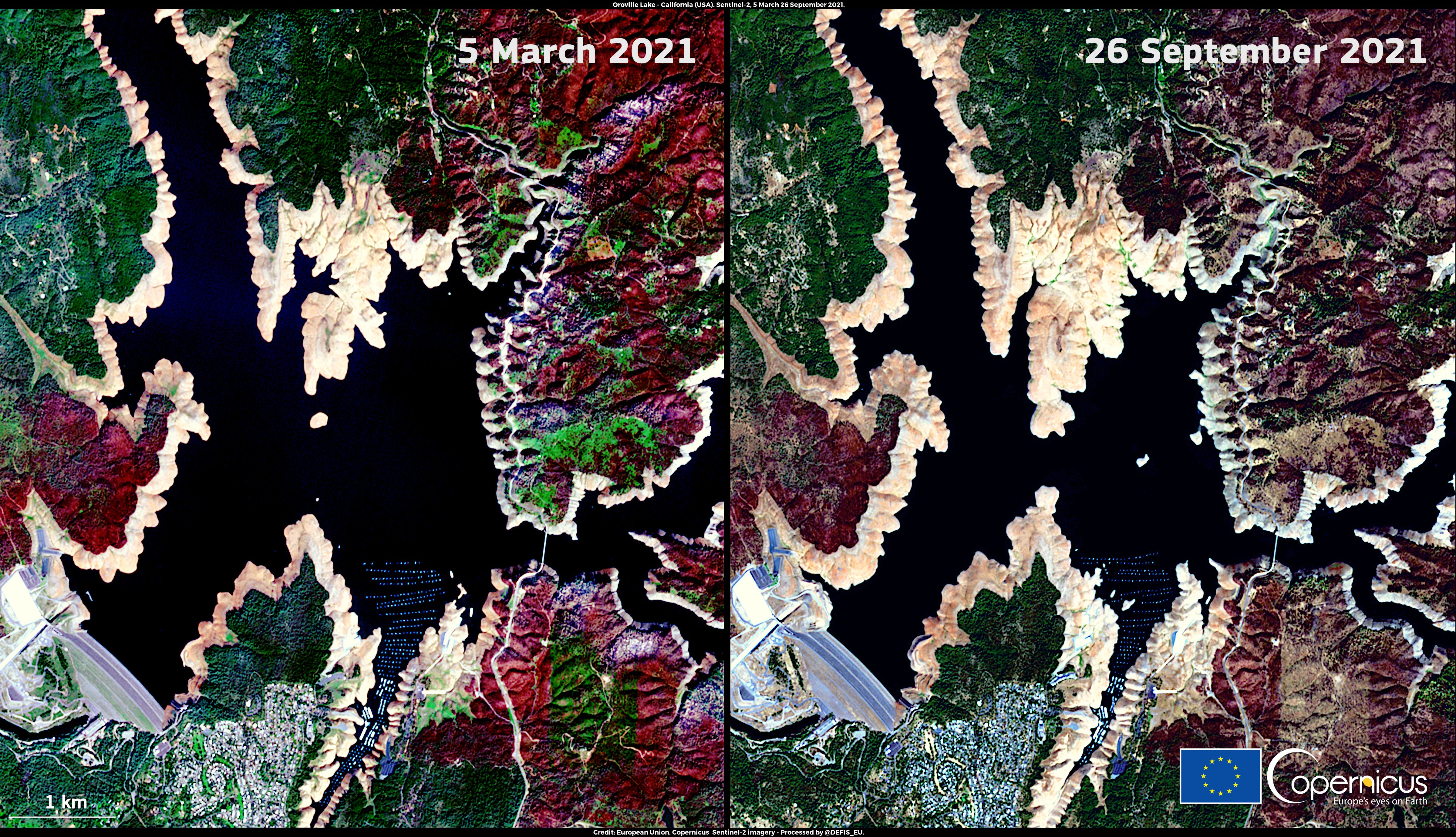 <p>These two images on 5 March (left) and 26 September 2021 (right) provide evidence of the decrease in Lake Oroville’s water level, which in March was at 54% of its capacity and at the end of September was at only 22%</p>
