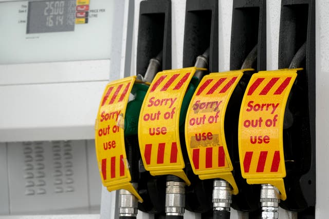 <p>Fuel pumps are marked ‘out of use' as a Shell petrol station waits for a delivery</p>