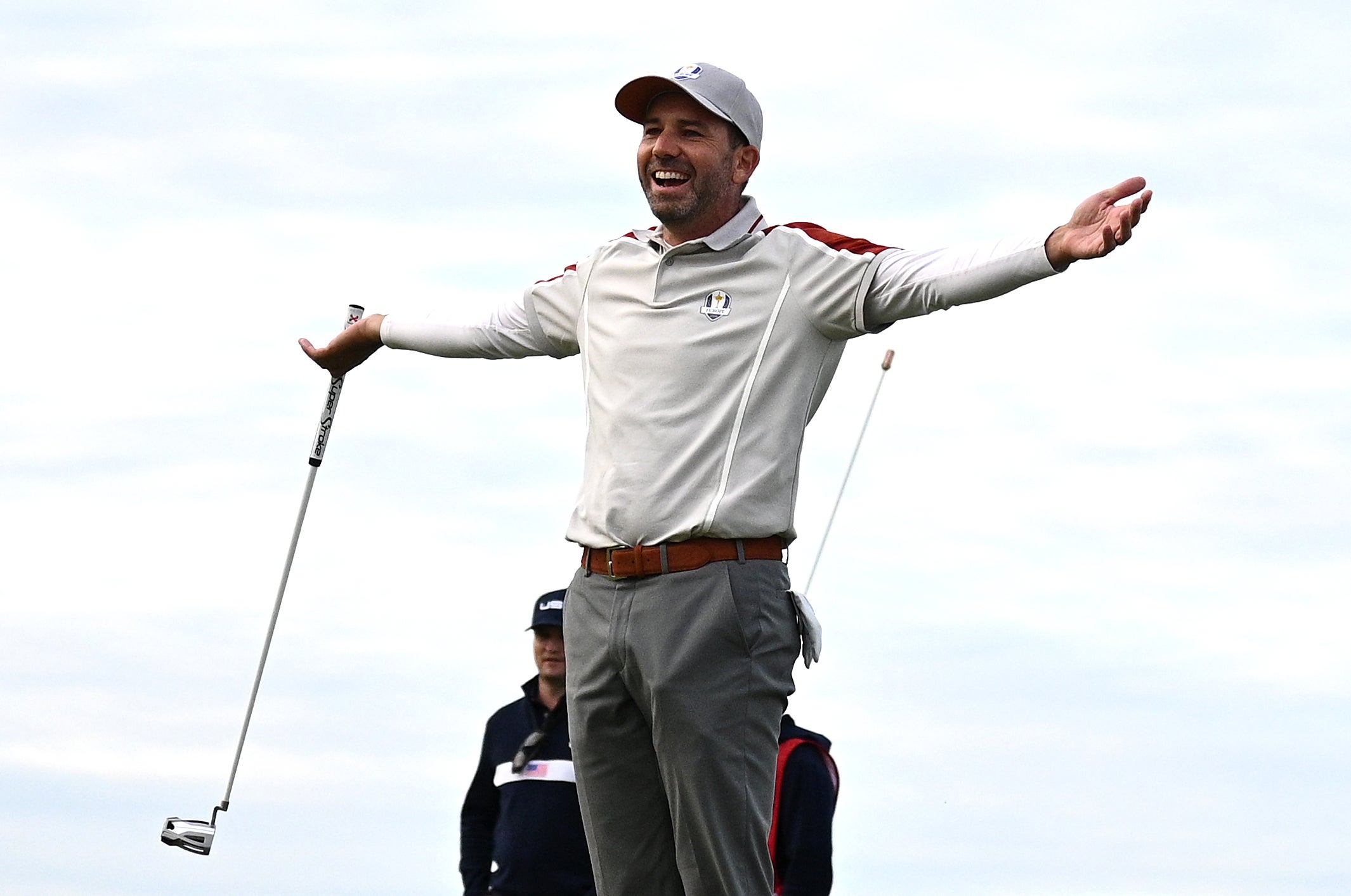 Sergio Garcia reacts as partner Jon Rahm makes a birdie on the 16th green during day two of the 43rd Ryder Cup at Whistling Straits (Anthony Behar/PA)