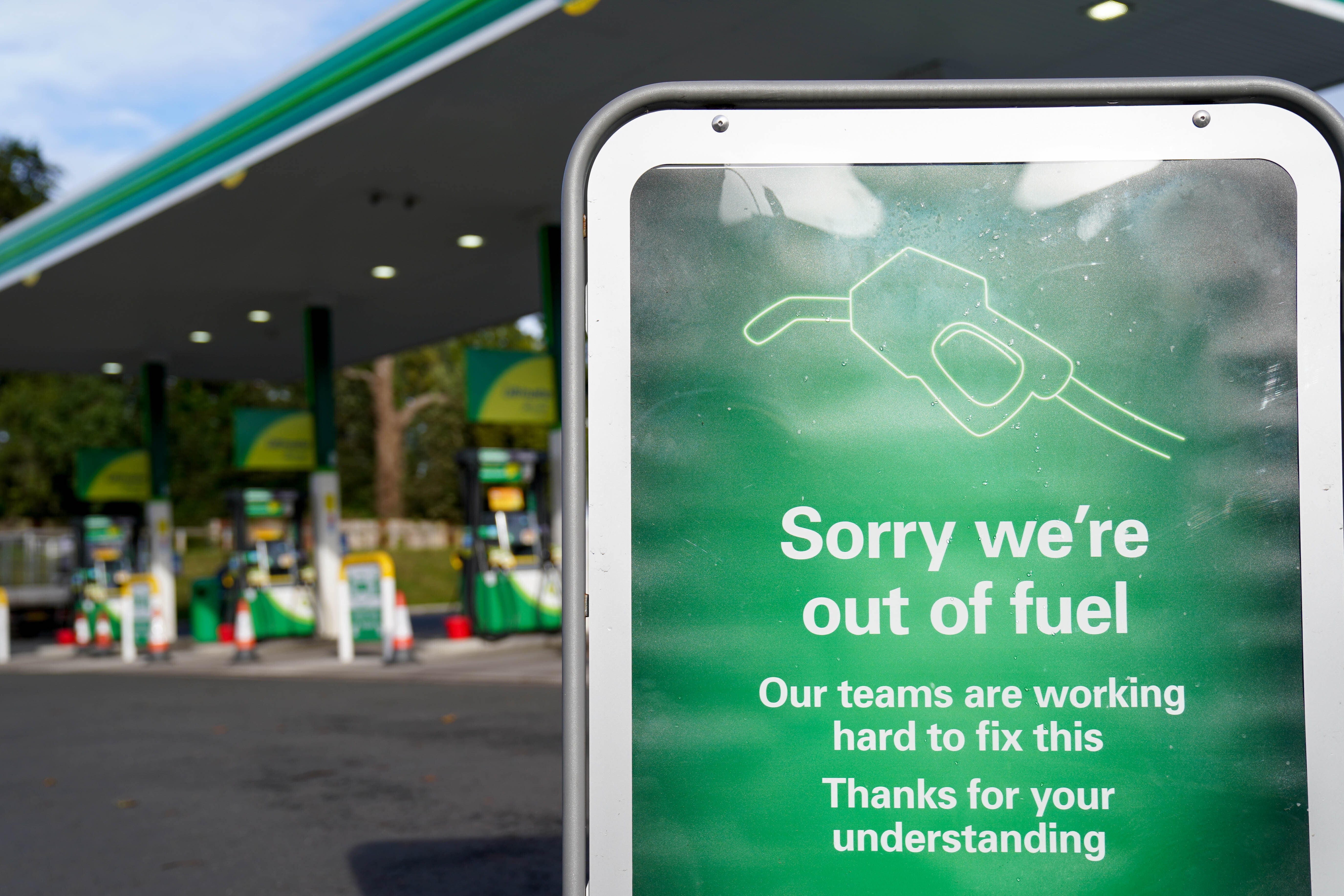 A sign at a BP petrol station in Birmingham informs drivers that it is out of fuel.