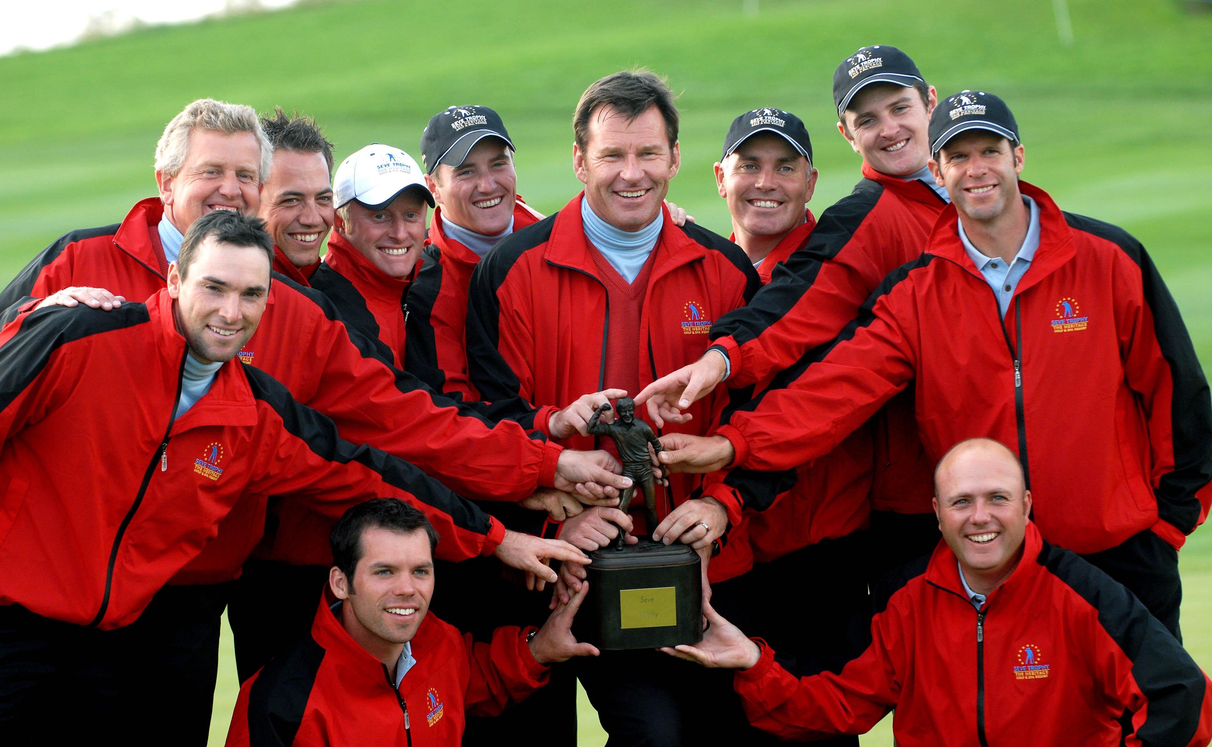 Great Britain and Ireland’s (clockwise from left) Paul Casey, Oliver Wilson, Colin Montgomerie, Nick Dougherty, Simon Dyson, Marc Warren, team captain Nick Faldo, Philip Archer, Justin Rose, Bradley Dredge and Graeme Storm after winning the Seve Trophy at The Heritage Golf & Spa Resort, Killenard, Ireland (PA)