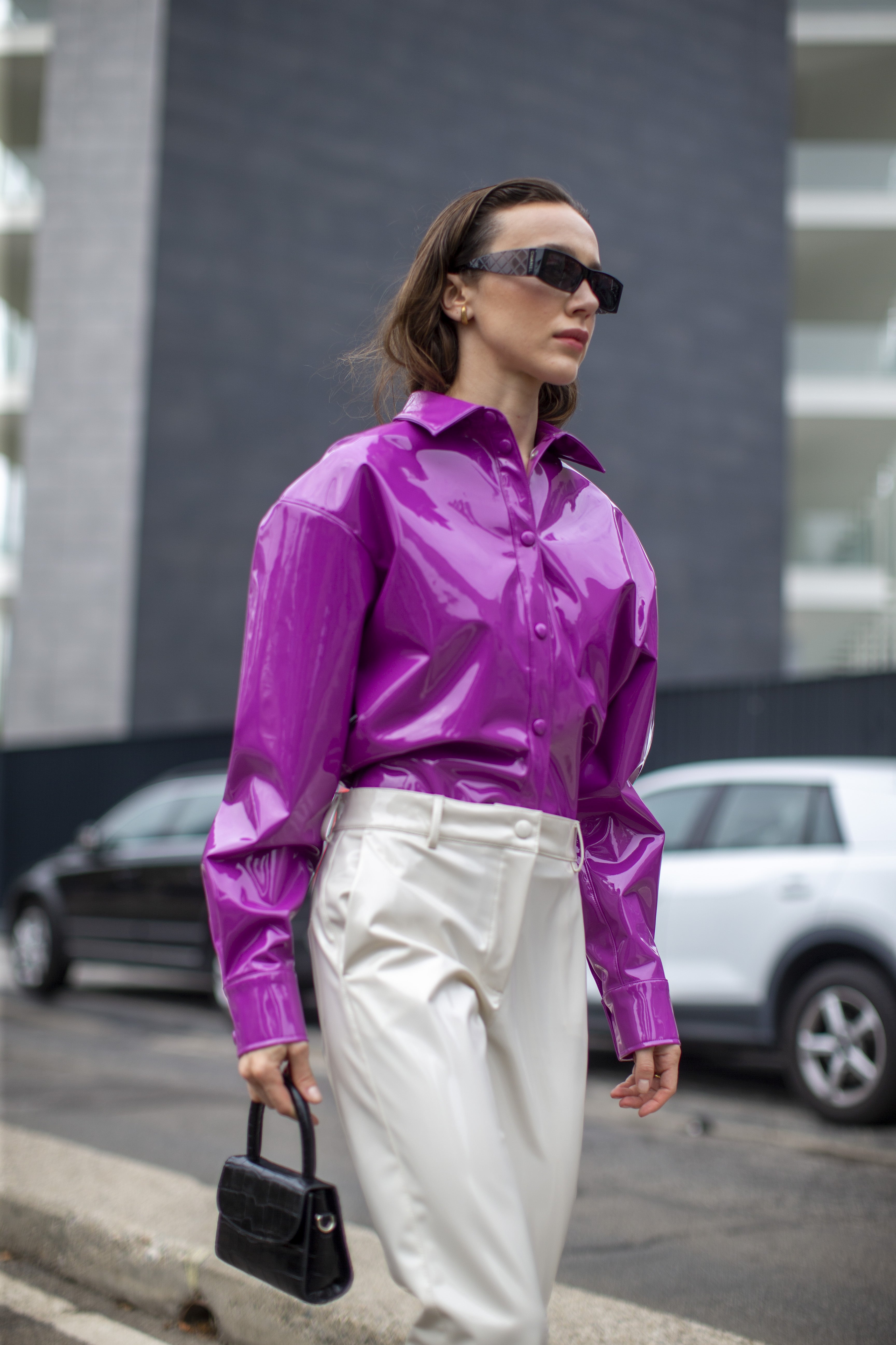 A purple patent shirt at Milan Fashion Week