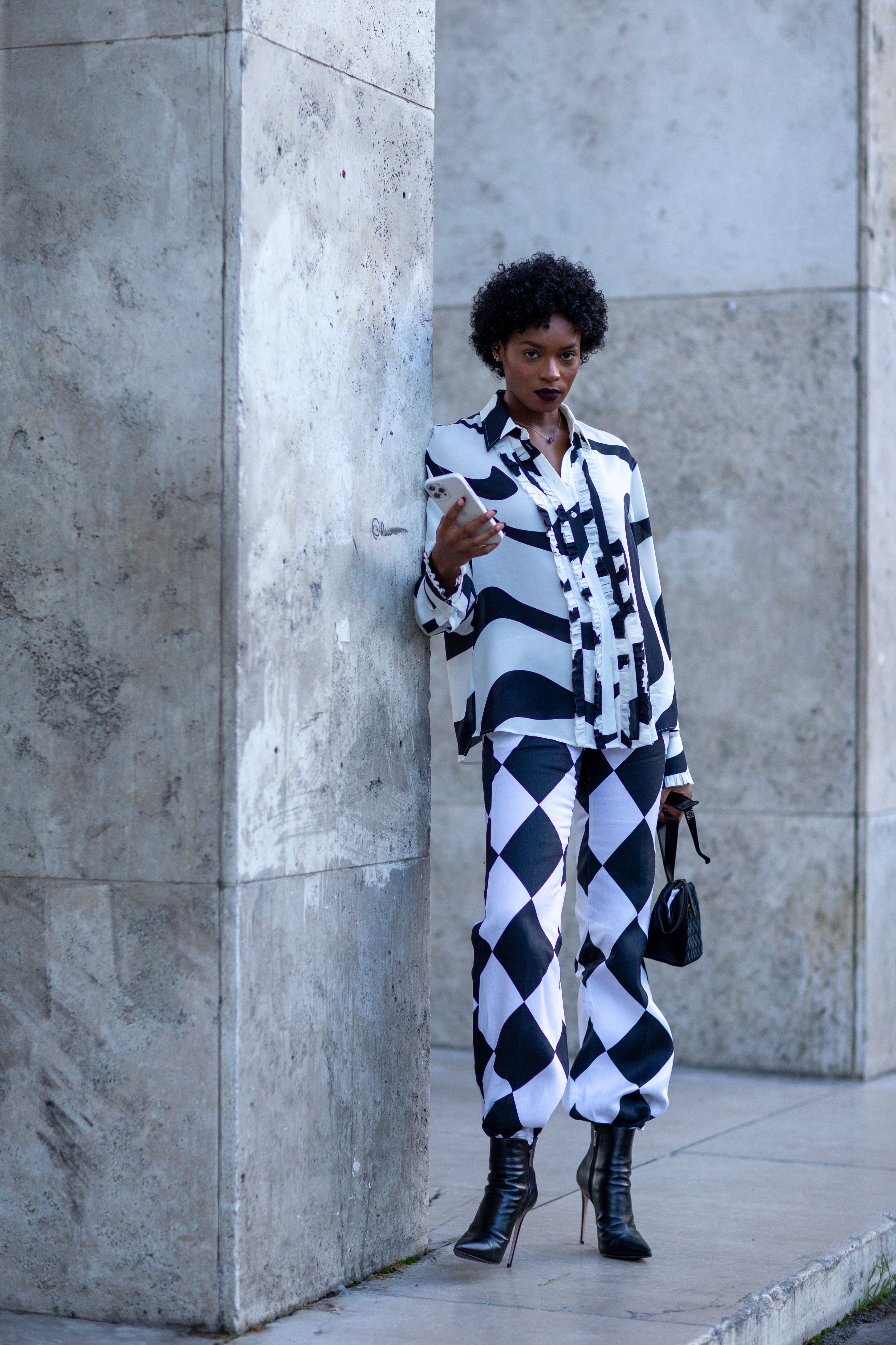 A monochrome black and white outfit at Paris Fashion Week