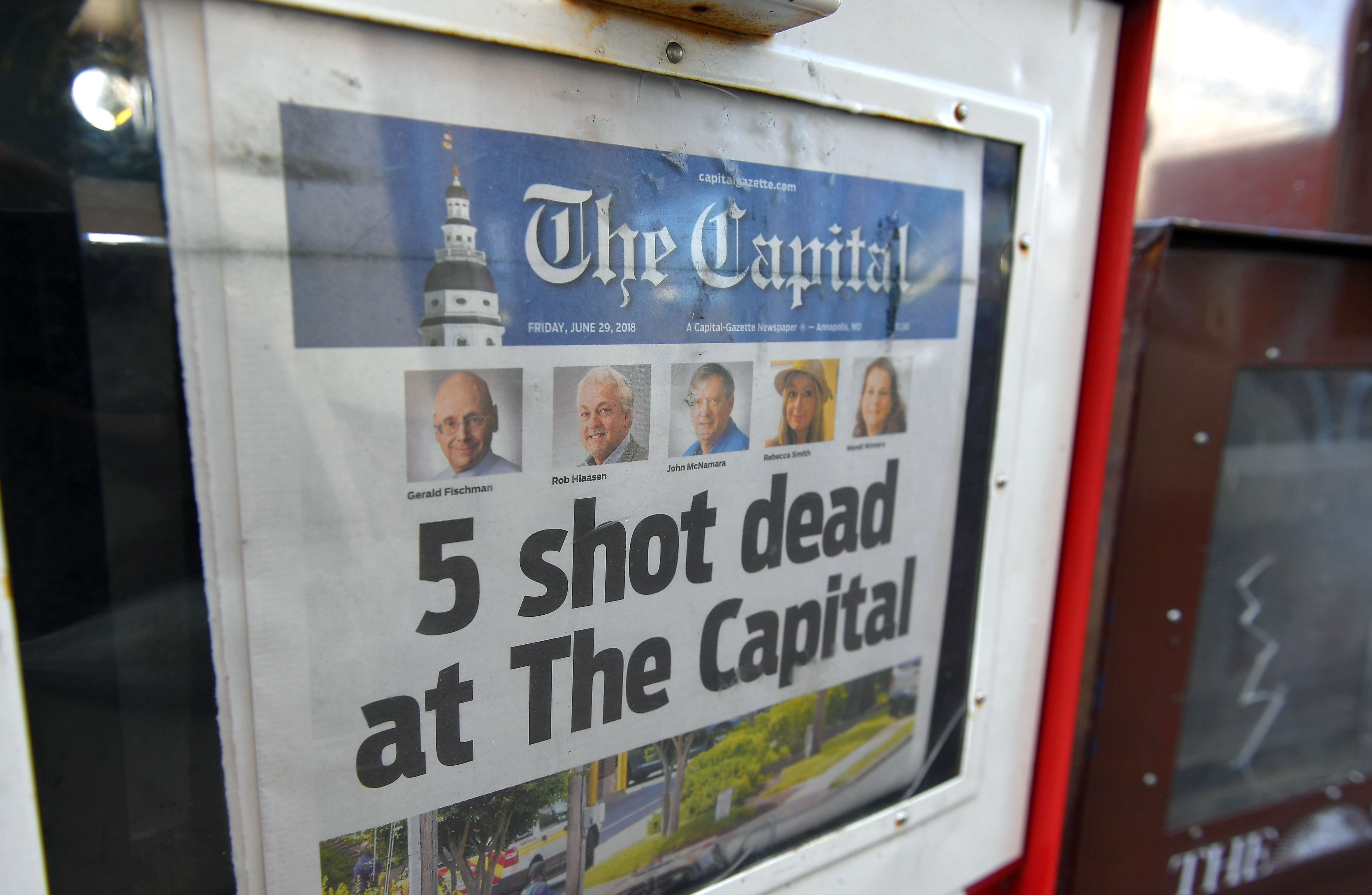 The Capital Gazette of June 29, 2018, is seen in a newspaper vending box in Annapolis, Maryland.