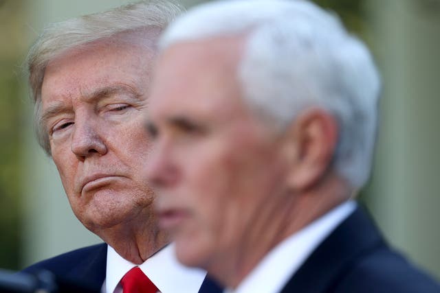 <p> Donald Trump listens as Vice president Mike Pence answers questions during the daily briefing of the coronavirus task force in the Rose Garden of the White House on April 27, 2020 in Washington, DC. </p>